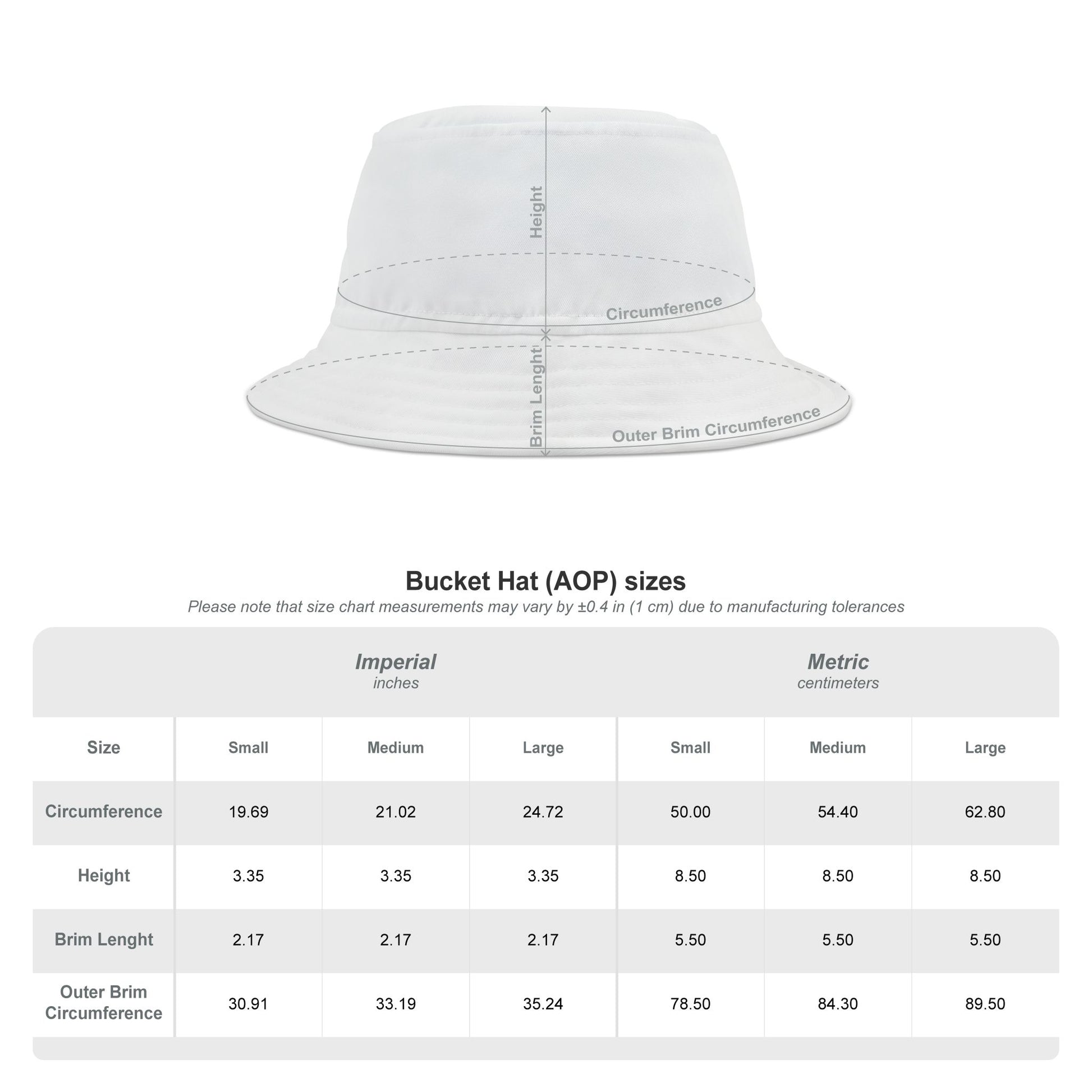 Size chart reference for Tinfoil Bucket Hat with measurements