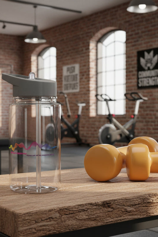 Transparent 417 Hz frequency water bottle on gym bench with workout equipment