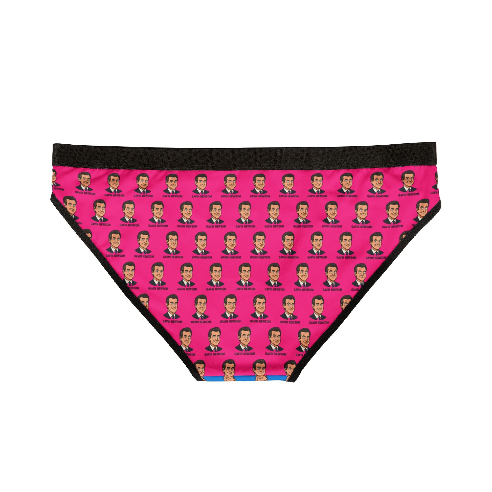 Flat lay of the back view of panties showcasing an all-over pink design with Gavin Newsom’s face in a repeating pattern.