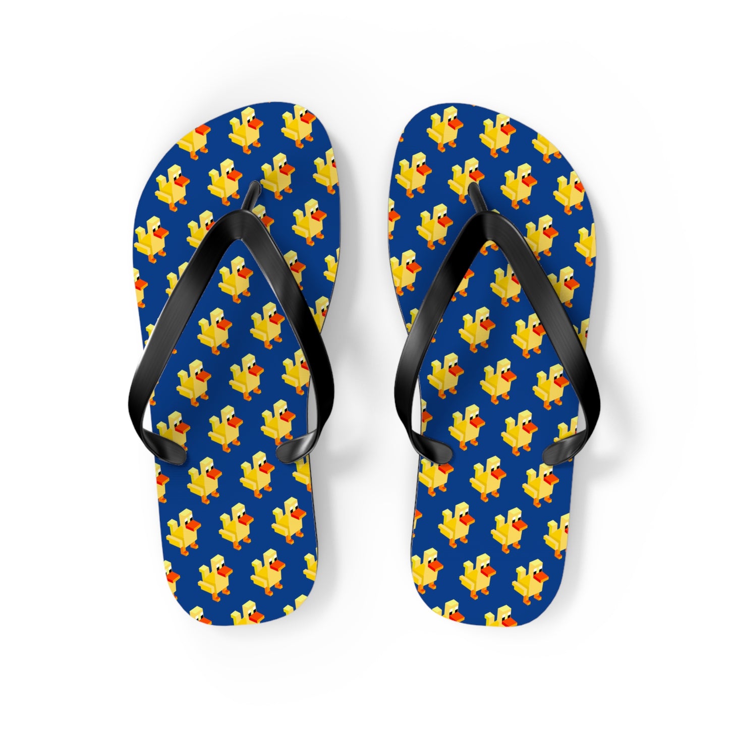 Front view of arcade duck flip flops showing colorful pixel pattern on white background