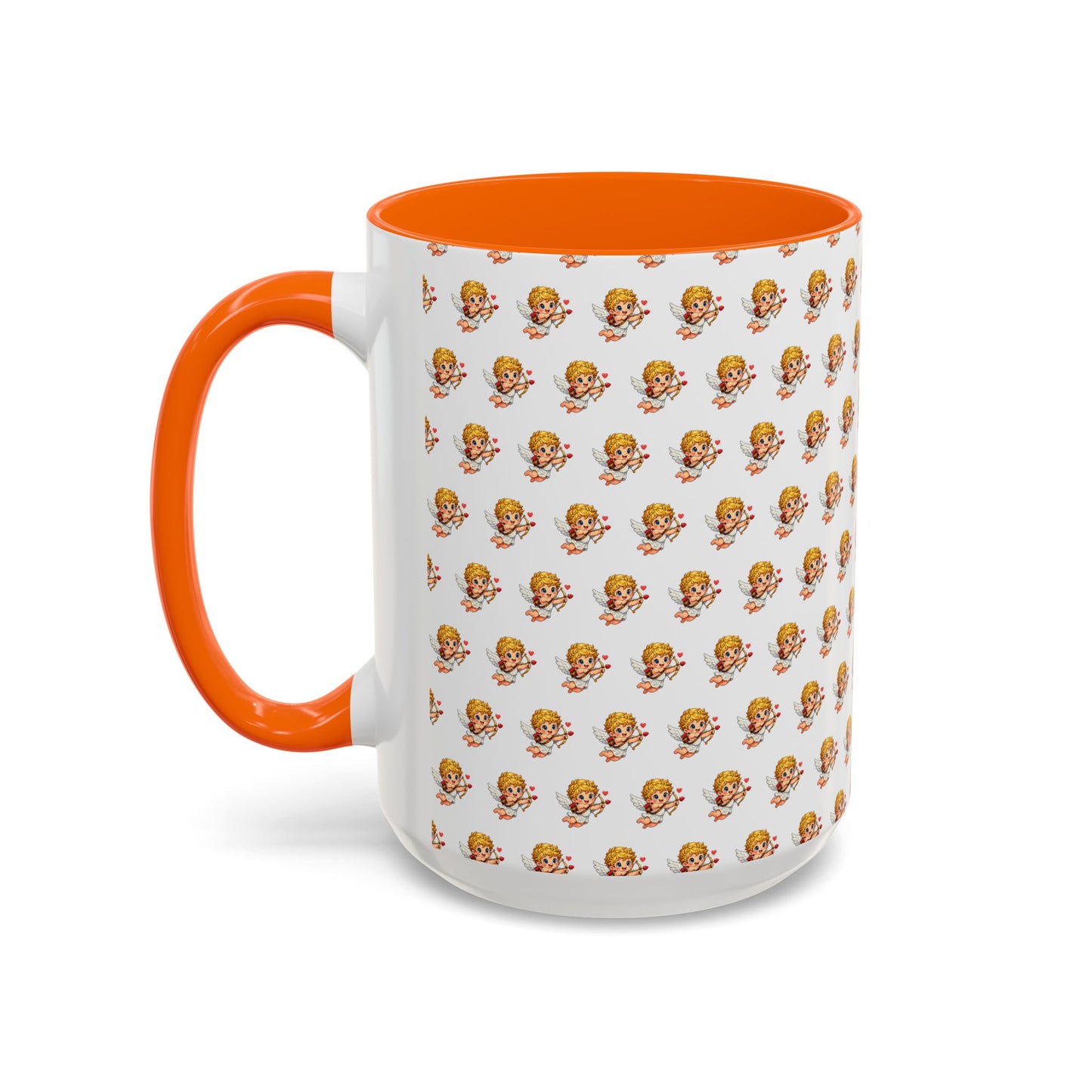 Mug with orange interior and handle, featuring a pattern of cartoon characters on a white background