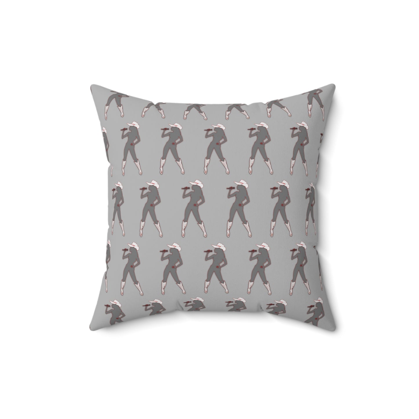 Pillow with a pattern of a person in a suit and hat on a gray background