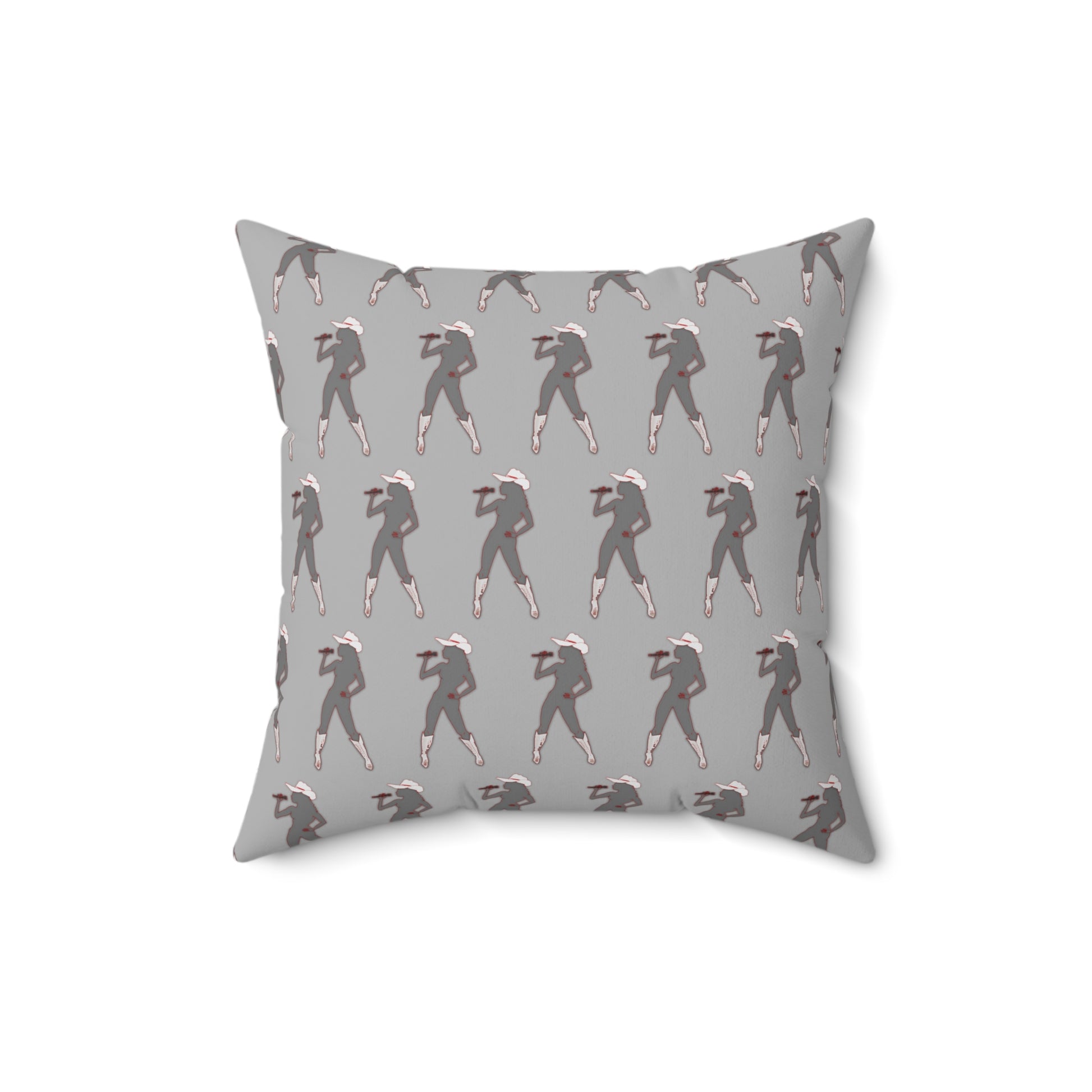 Pillow with a pattern of a person in a suit and hat on a gray background