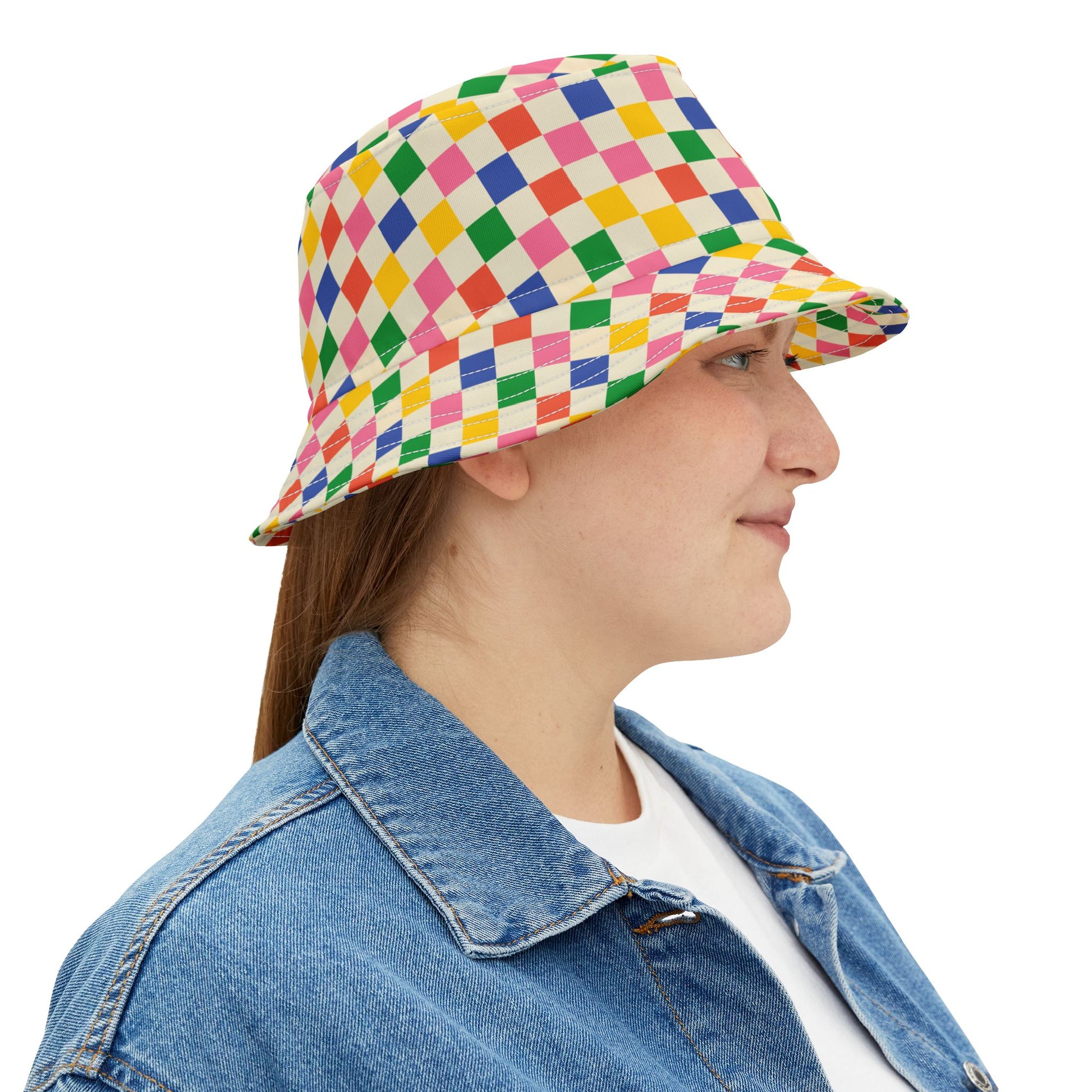 Side view of Colored Squares Bucket Hat on model.