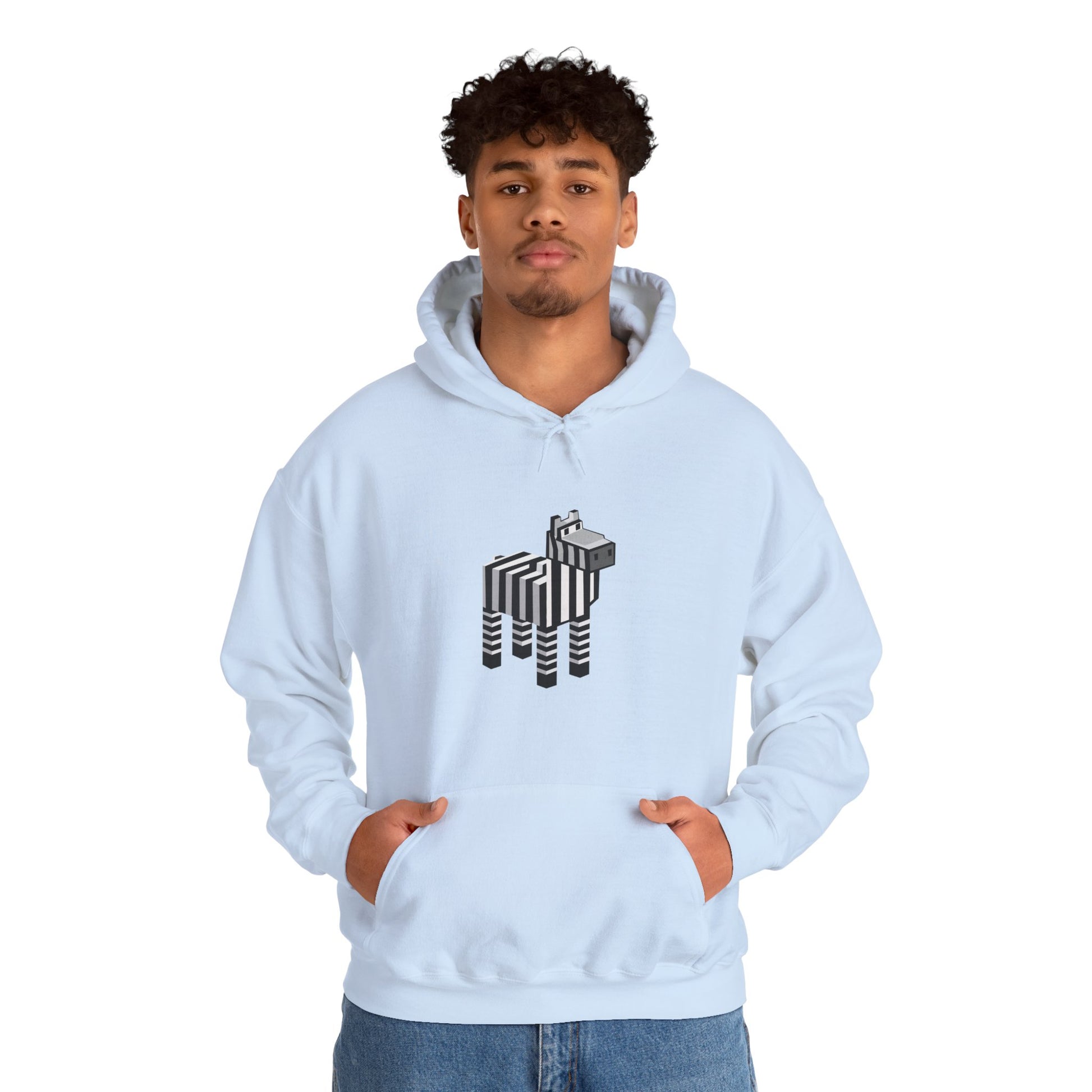 Arcade Zebra Hooded Sweatshirt – Retro Gaming Pixel Hoodie worn by man in light blue color