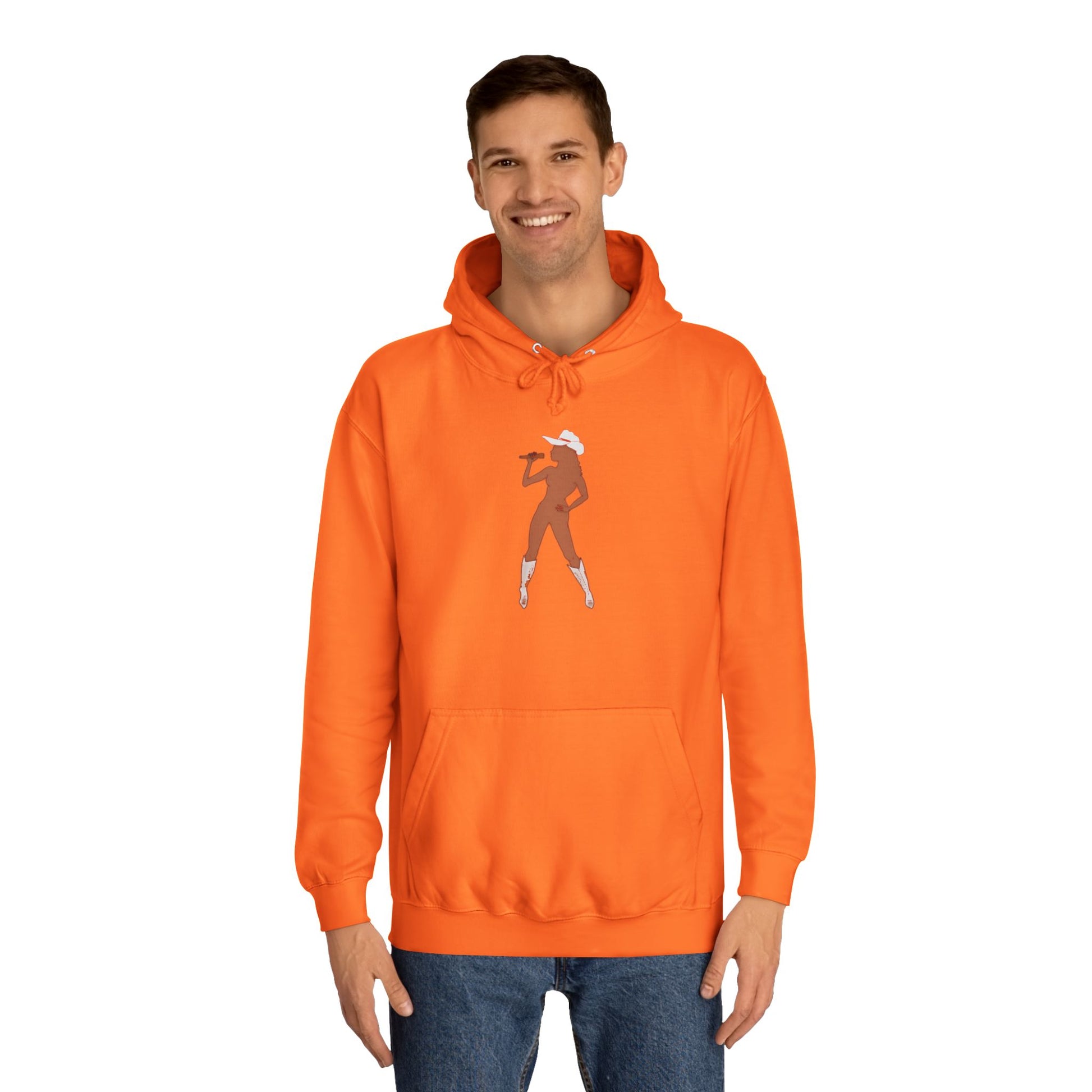 Orange Bey Country Hoodie on male model front view studio.