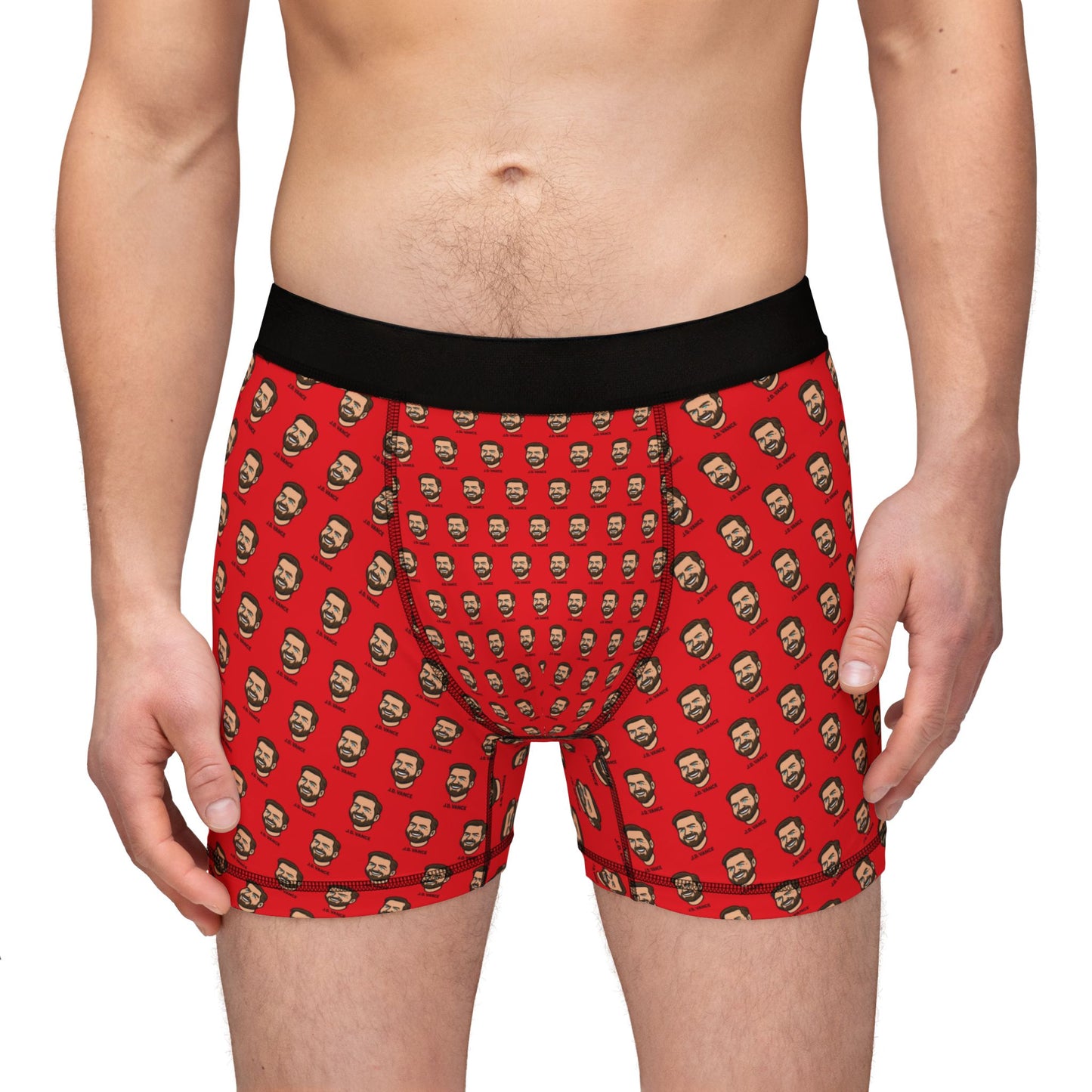 Straight-on front view of a man wearing J.D. Vance Boxer Briefs, displaying pouch fit and bold design.