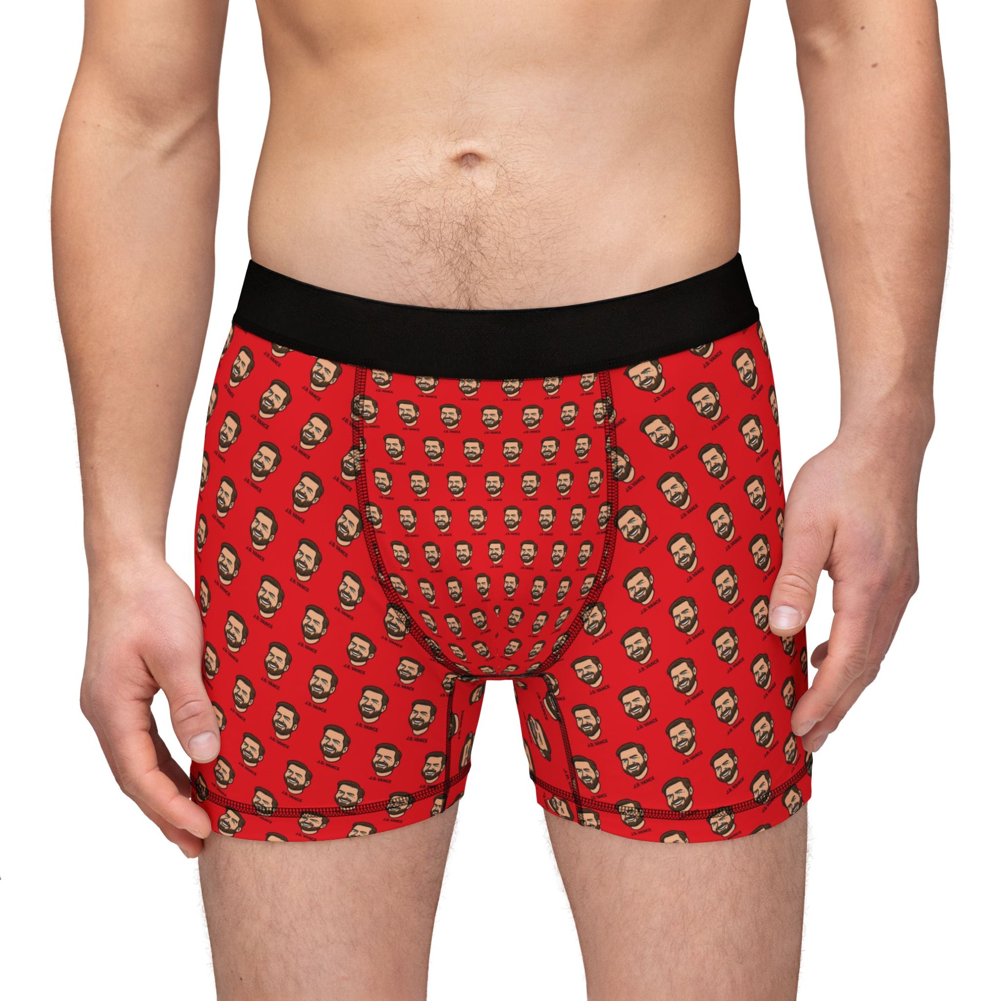 Straight-on front view of a man wearing J.D. Vance Boxer Briefs, displaying pouch fit and bold design.