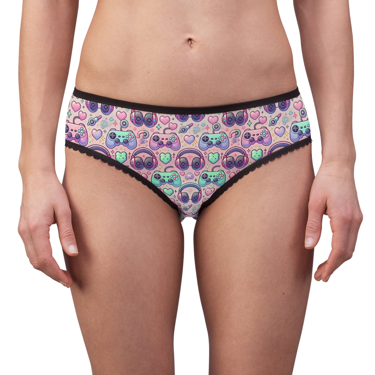 woman wearing retro gamer underwear arcade pattern front view