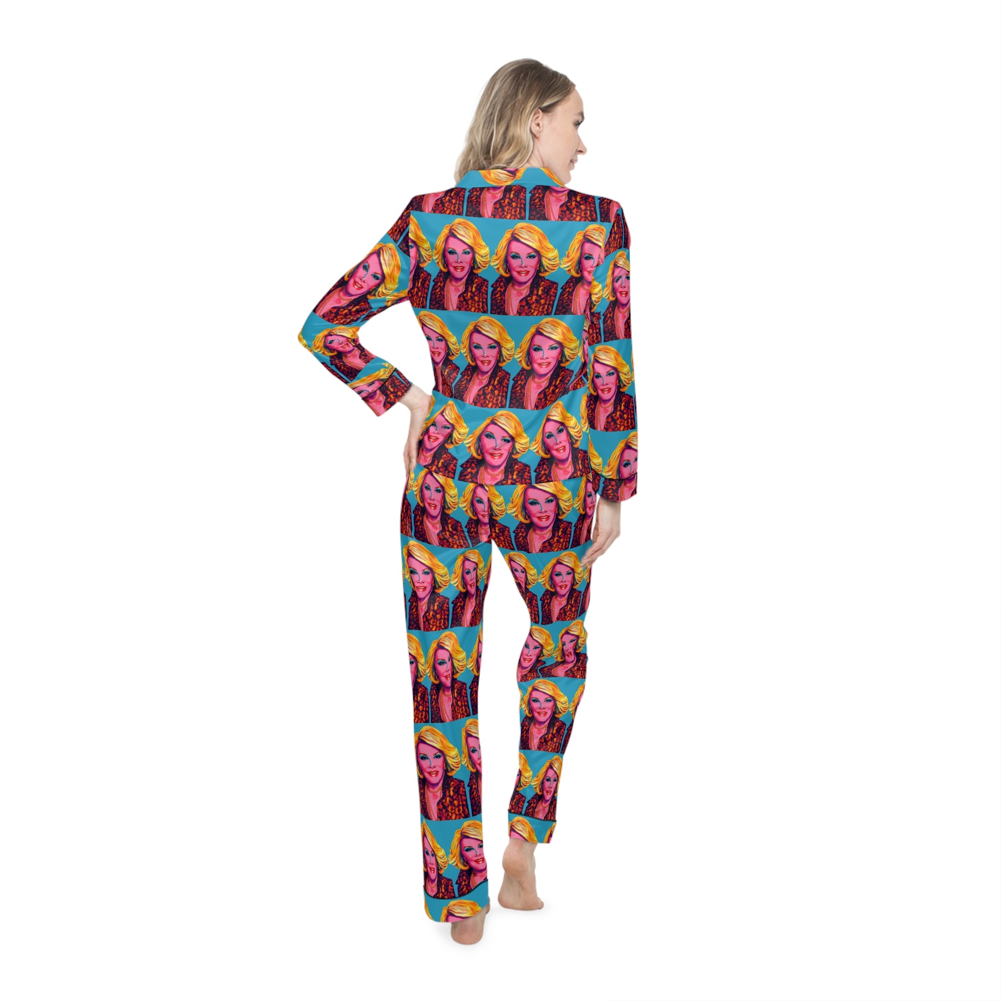 Back view of woman wearing Joan Fashion Police women’s satin pajamas showing full coverage pop art print.