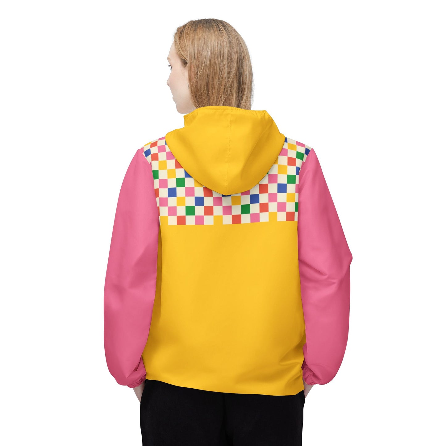 woman wearing retro windbreaker back view - color block streetwear jacket
