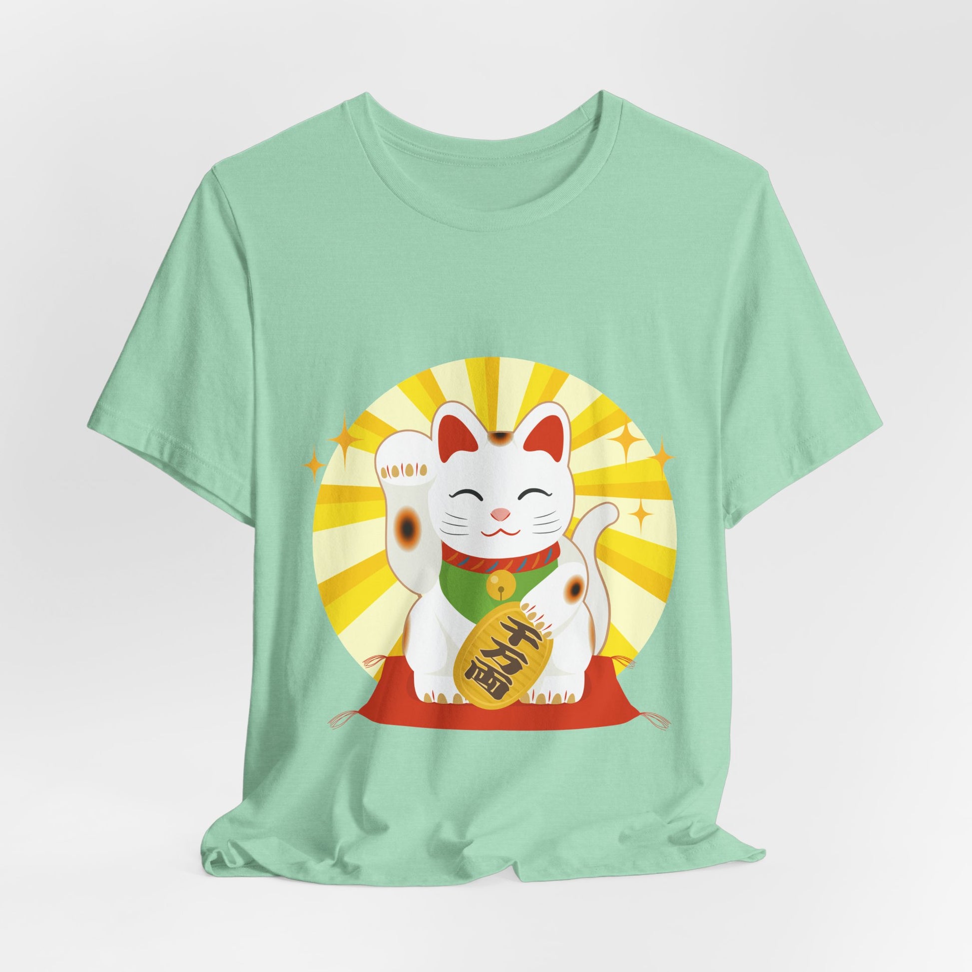 Green Maneki Neko T-Shirt displayed flat with beckoning cat print