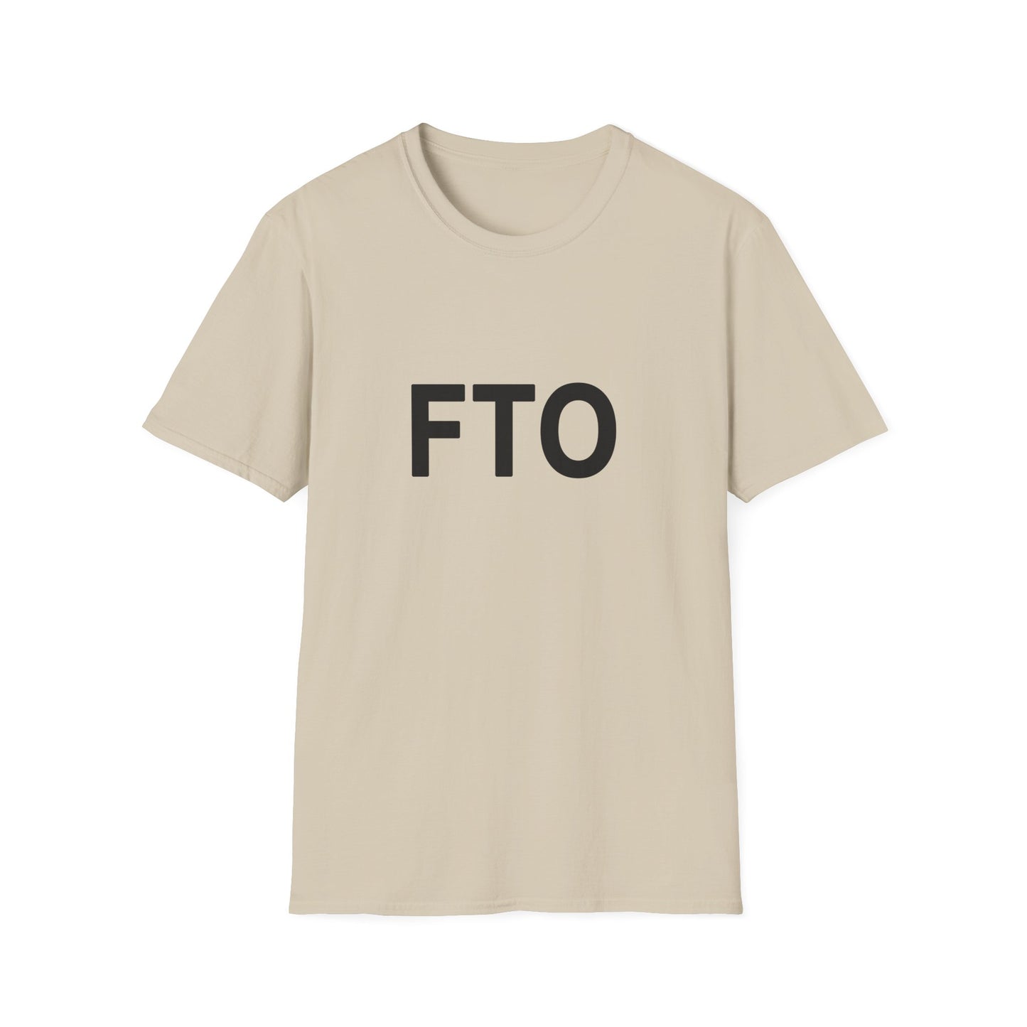 Beige t-shirt with 'FTO' printed on a white background