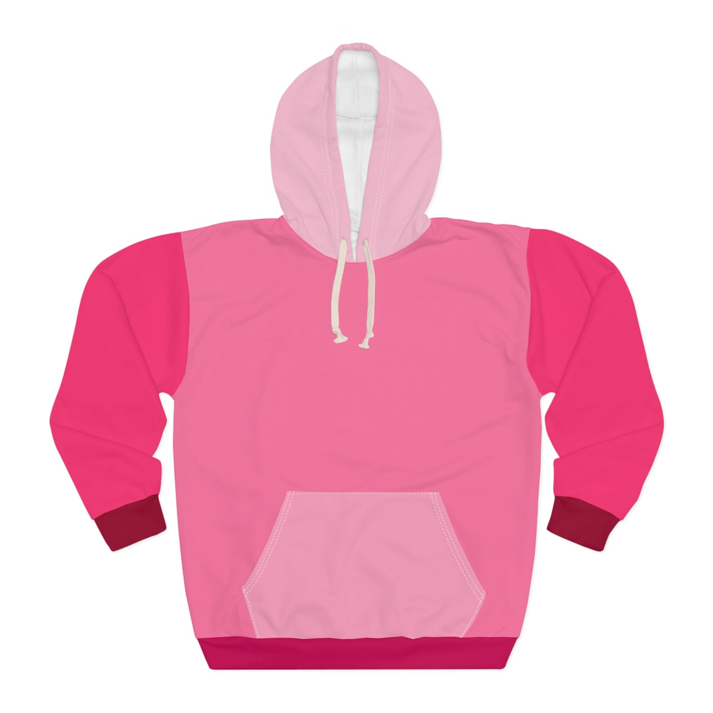 Strawberry Cream Unisex Hoodie front view showing playful pink and strawberry red color block design with white drawstring hood and roomy kangaroo pocket
