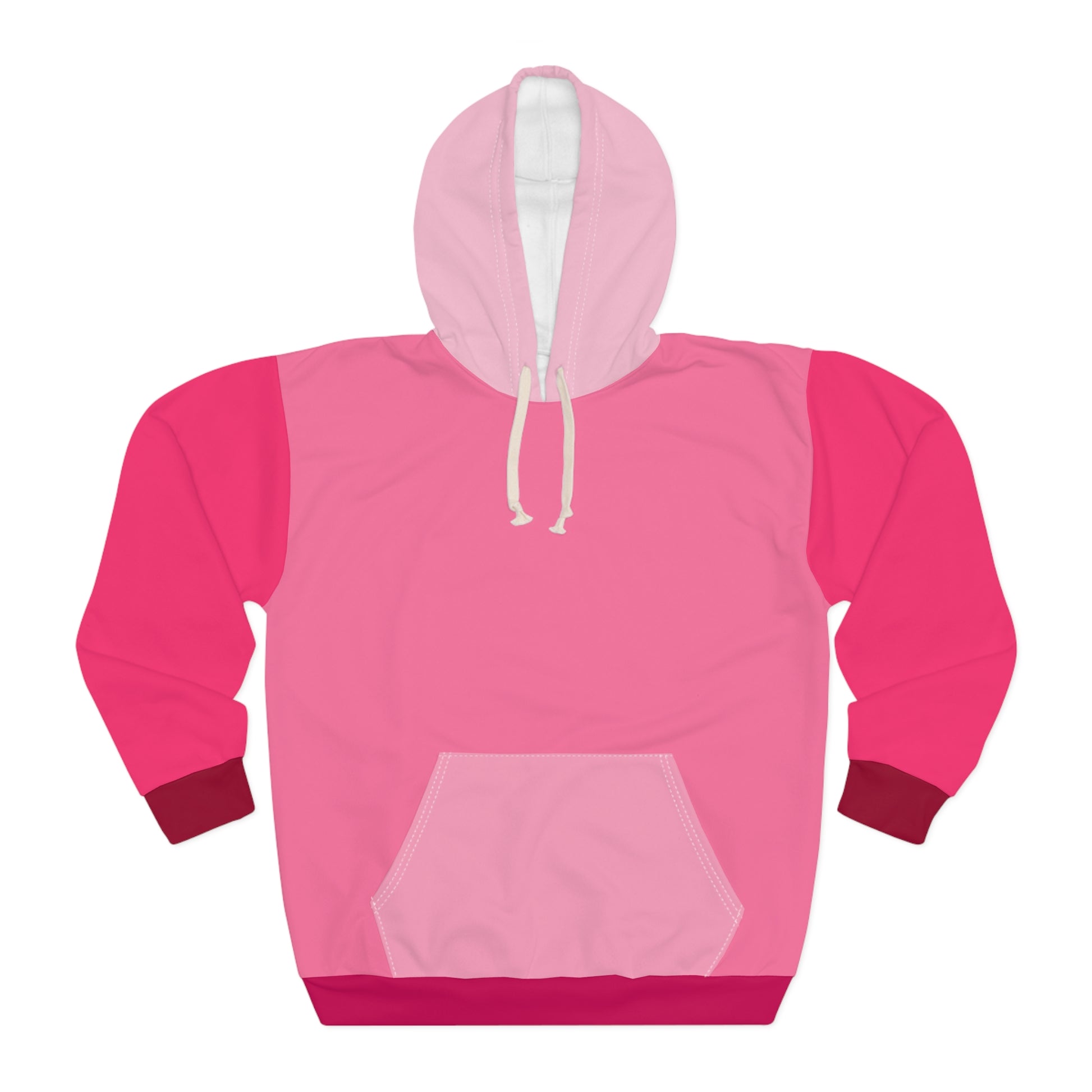Strawberry Cream Unisex Hoodie front view showing playful pink and strawberry red color block design with white drawstring hood and roomy kangaroo pocket
