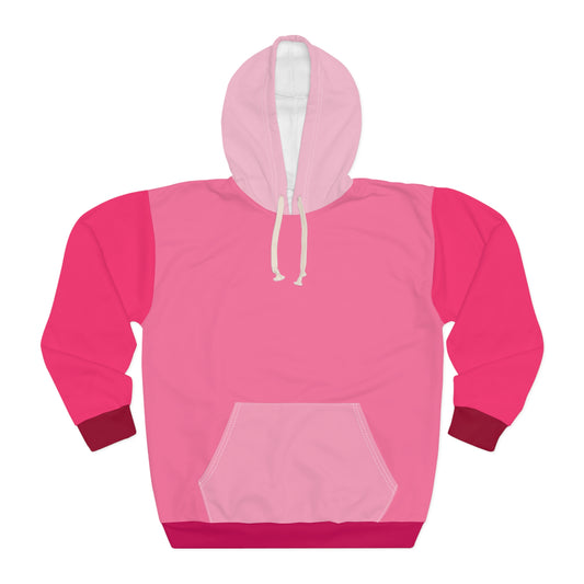 Strawberry Cream Unisex Hoodie front view showing playful pink and strawberry red color block design with white drawstring hood and roomy kangaroo pocket
