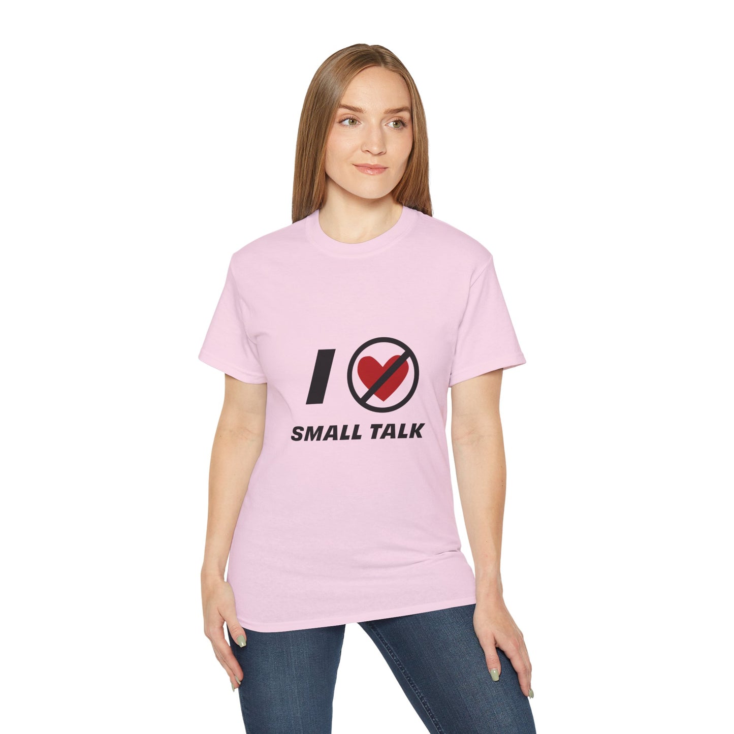 Person wearing a pink t-shirt with a graphic design and text on a white background