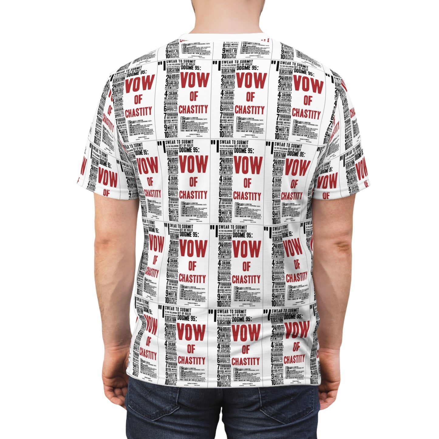 T-shirt with 'Vow of Chastity' text pattern worn by a person on a white background