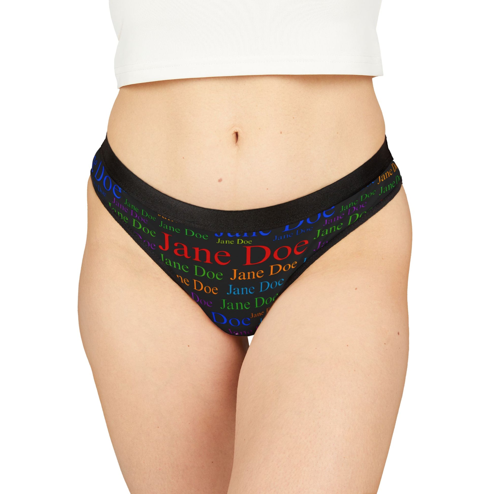 Model wearing Jane Doe Women’s Thongs – Black Edition, front view