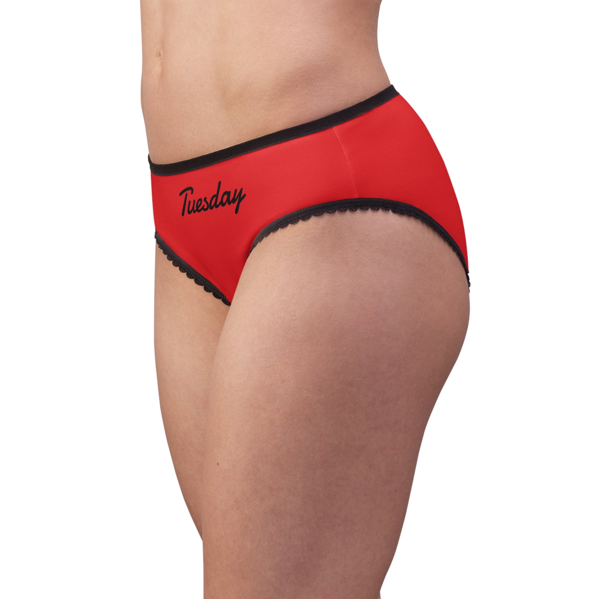 woman wearing tuesday panty side view red briefs black trim