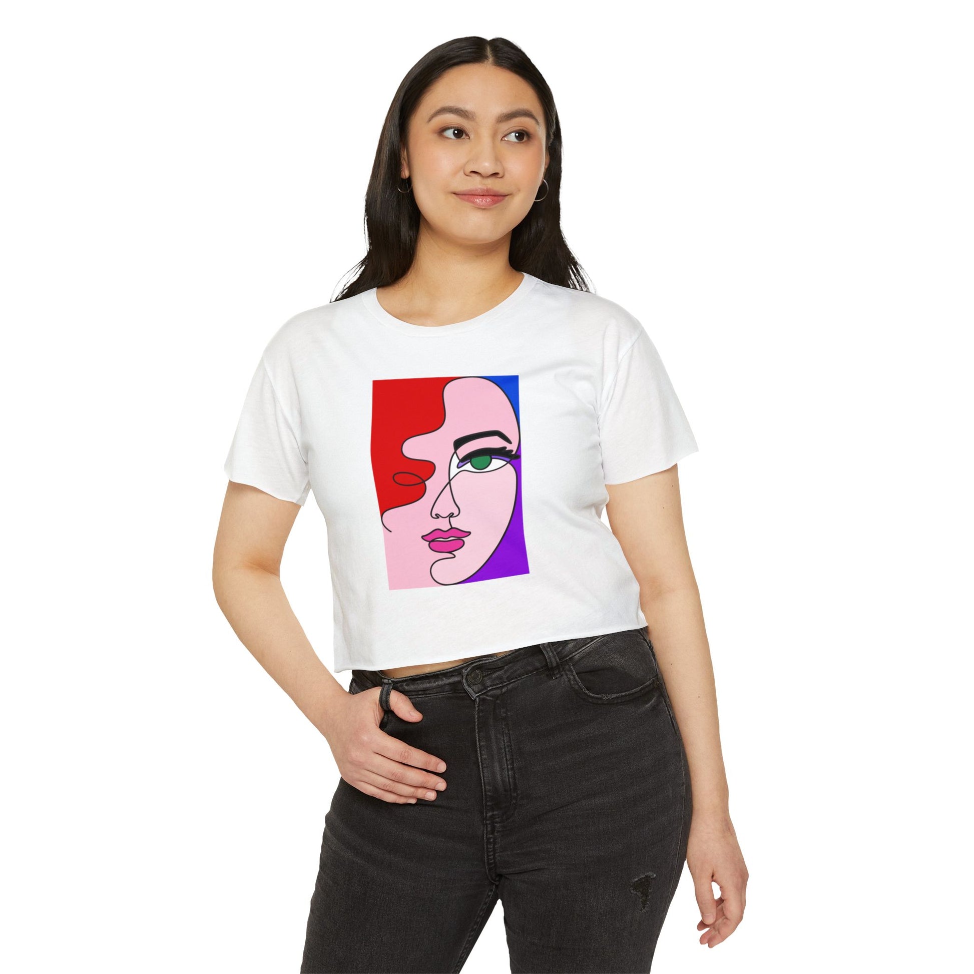 woman wearing minimalist abstract line art crop top with jeans