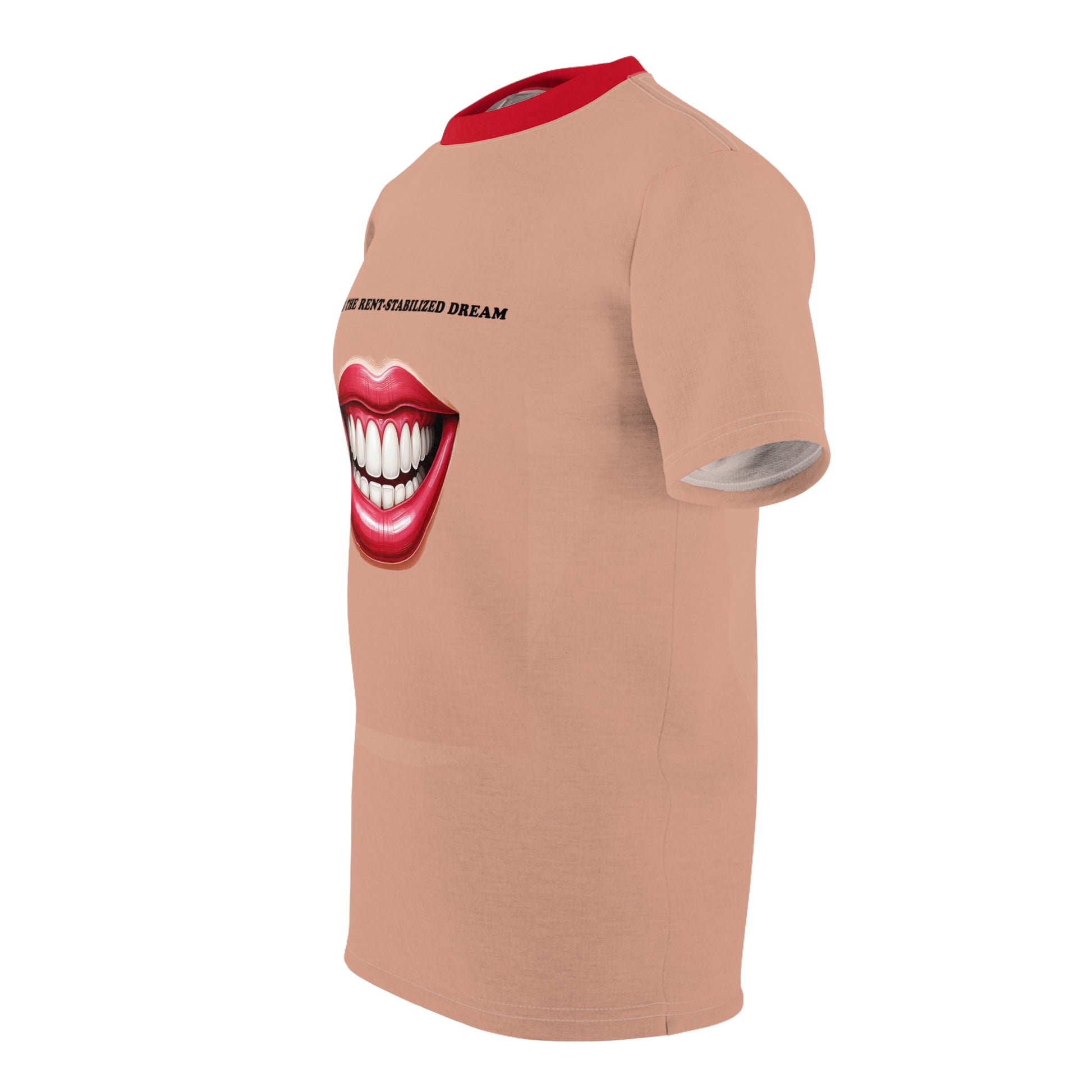 Side angle view of Rent-Stabilized Dream Unisex graphic T-Shirt with bold lips print