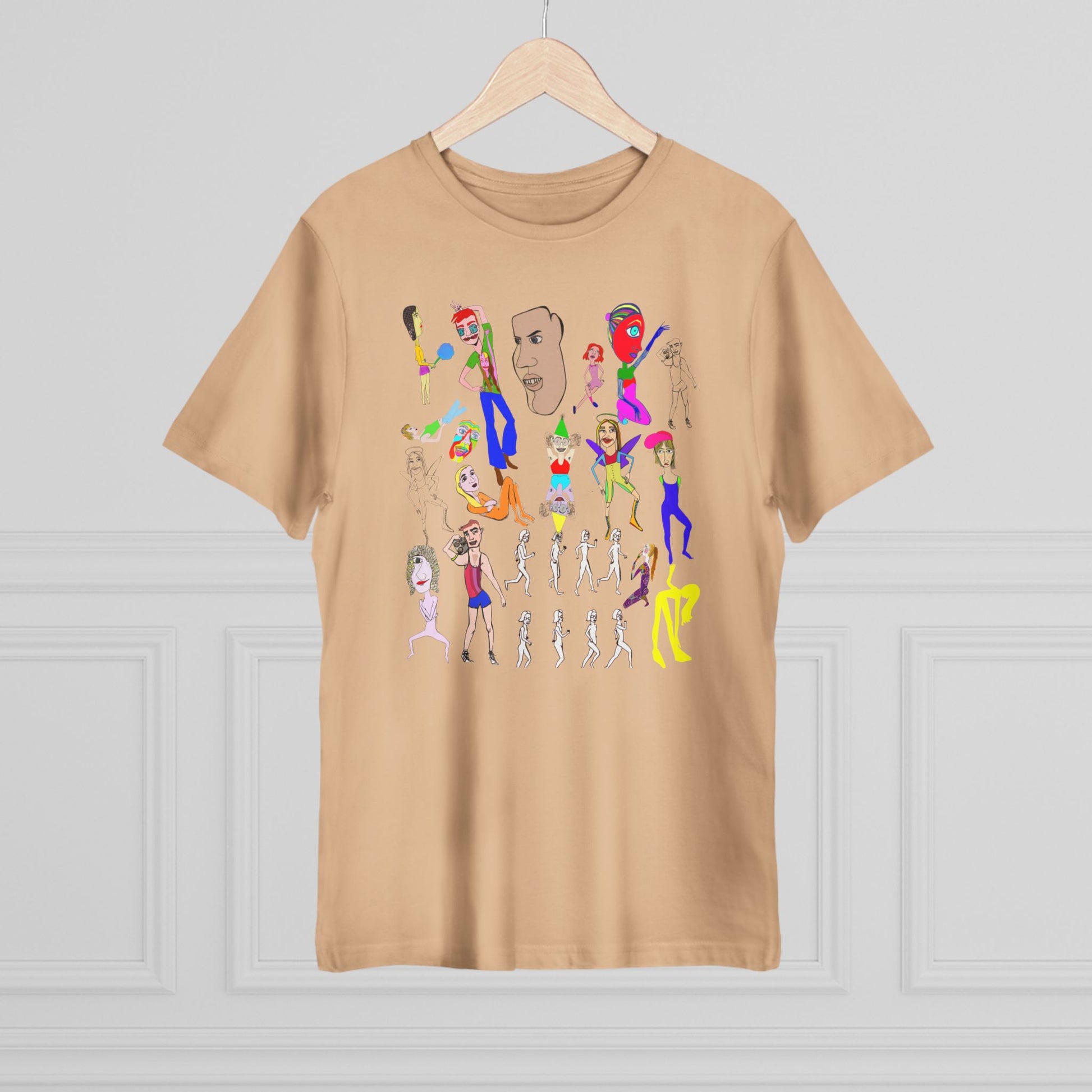 Beige Mix Unisex Deluxe T-Shirt on hanger with hand drawn design on front.