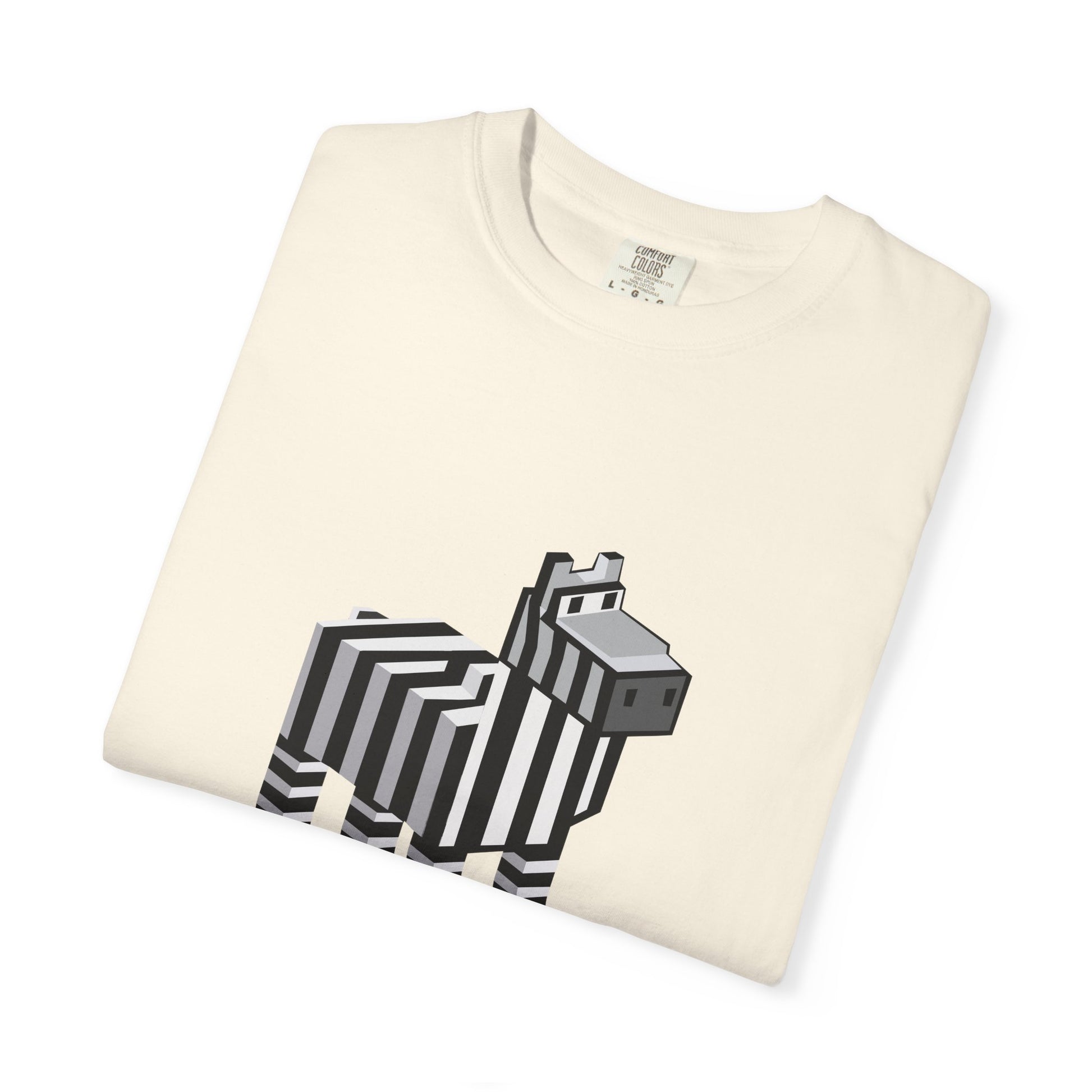 Unisex Pixel Zebra T-Shirt folded flat in cream with pixel zebra design