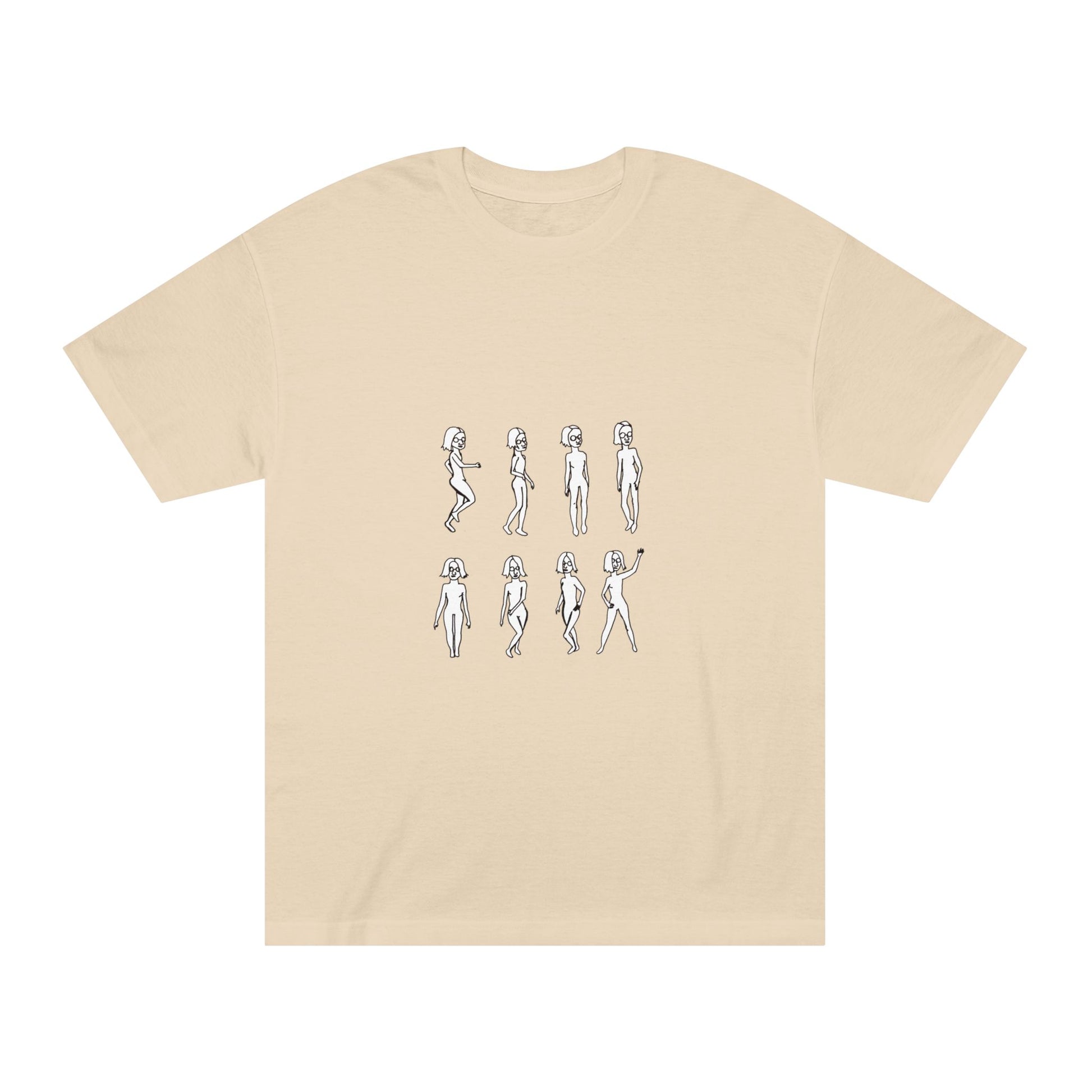 Back view of Running Out Unisex T-Shirt in sand with hand-drawn artwork printed