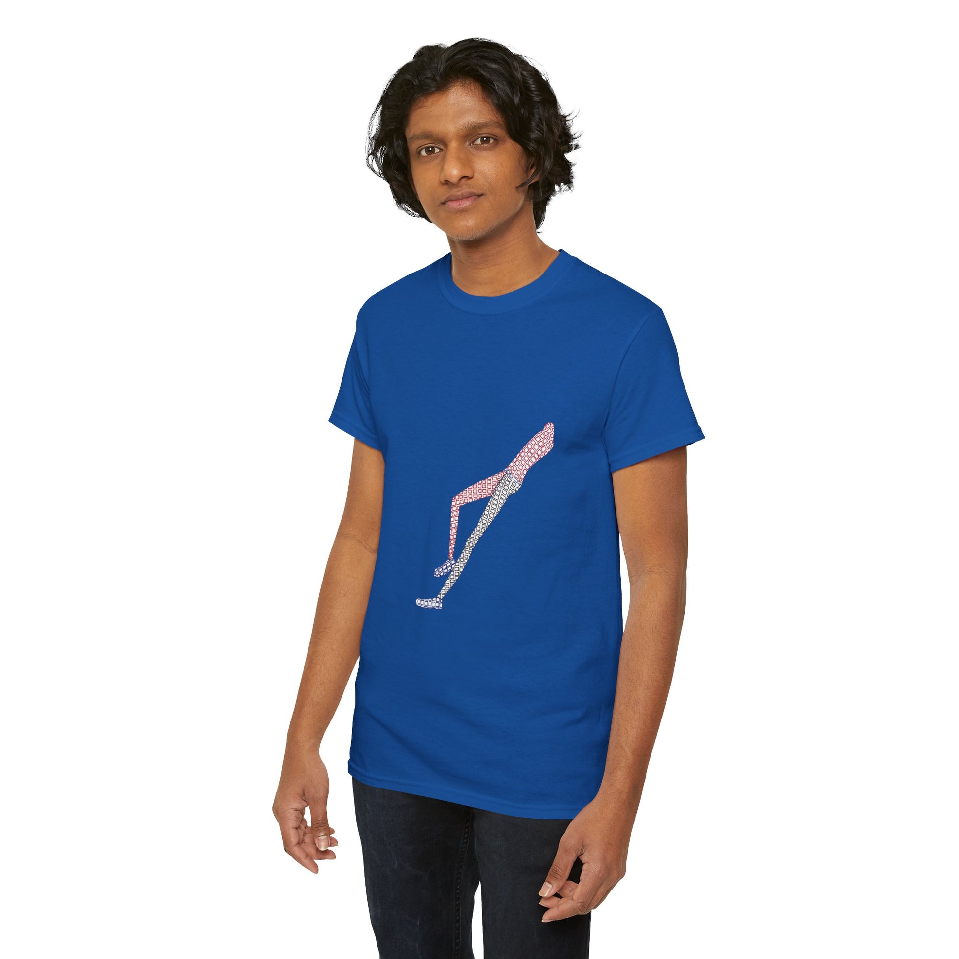 Man wearing blue Shapes in Shapes T-Shirt standing casually