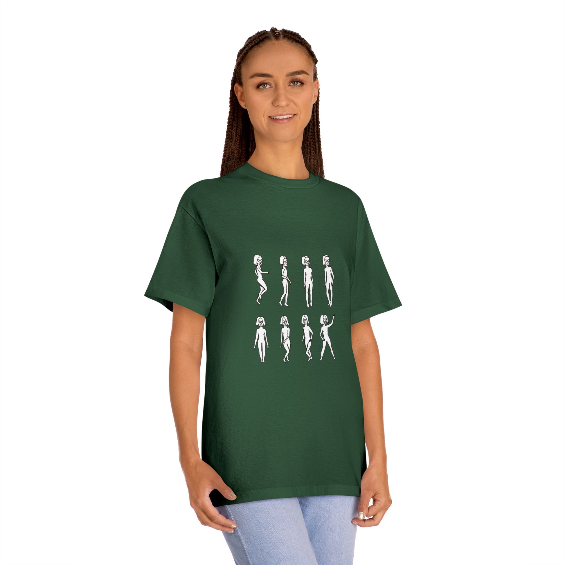 Woman wearing forest green Running Out Unisex T-Shirt with artwork design on front