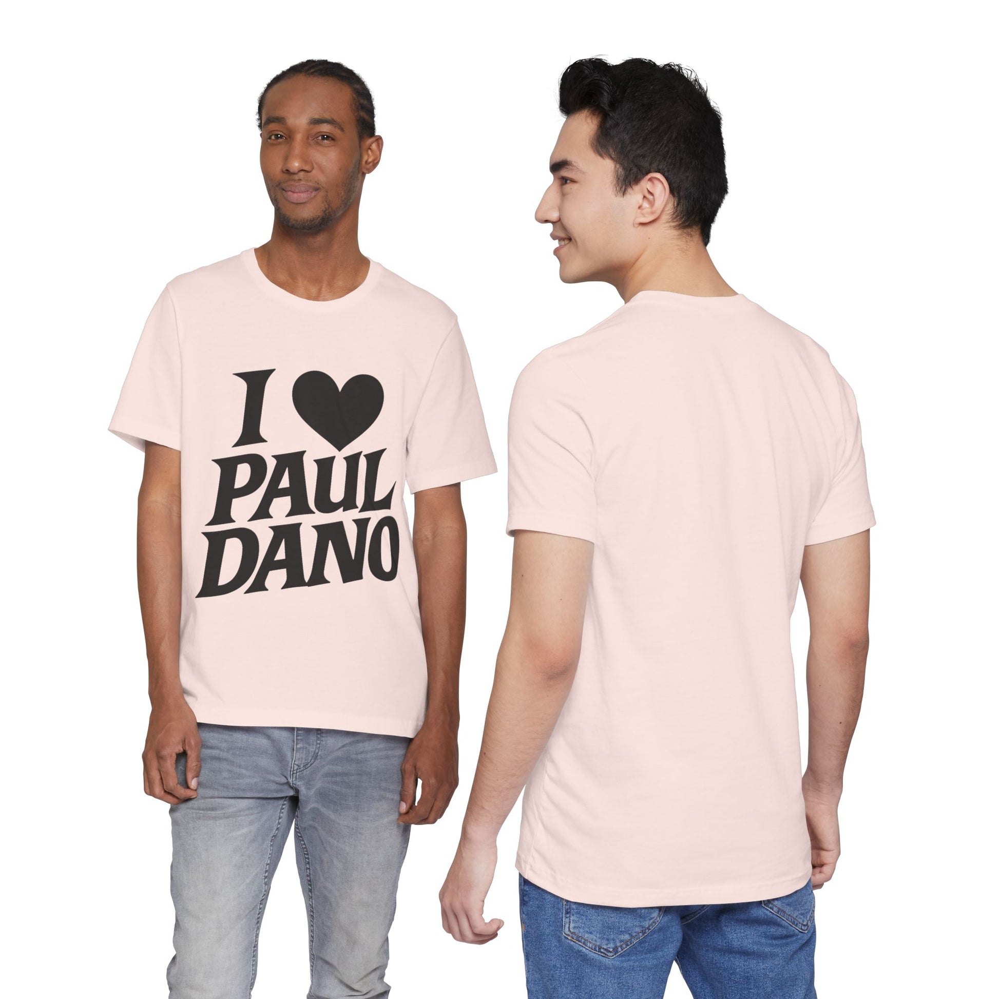 Two men wearing a light pink t-shirt with 'I ❤️ Paul Dano' text.
