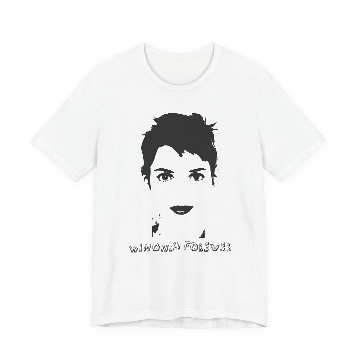 White Winona Forever T-shirt with minimalist black portrait and text on front.

