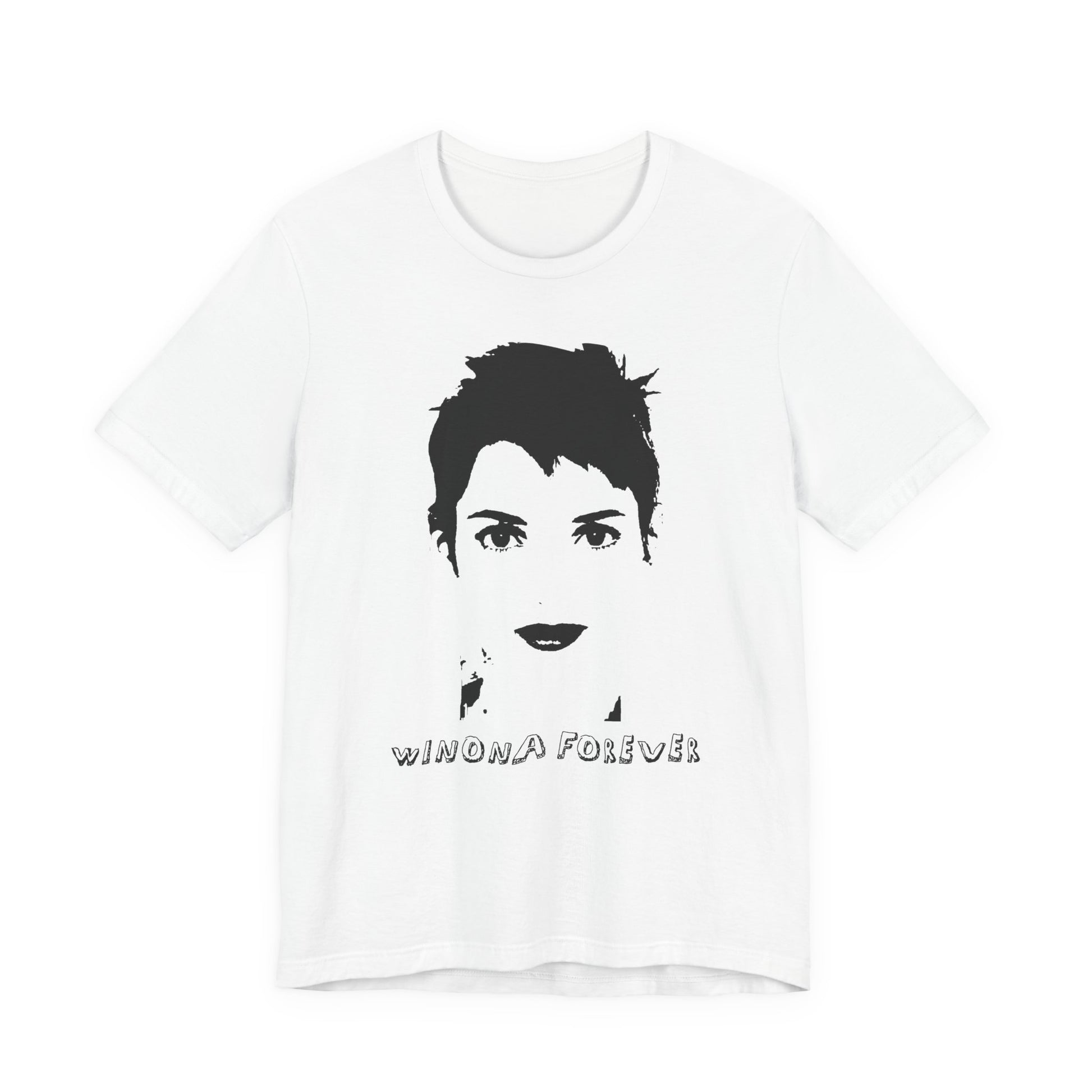 White Winona Forever T-shirt with minimalist black portrait and text on front.
