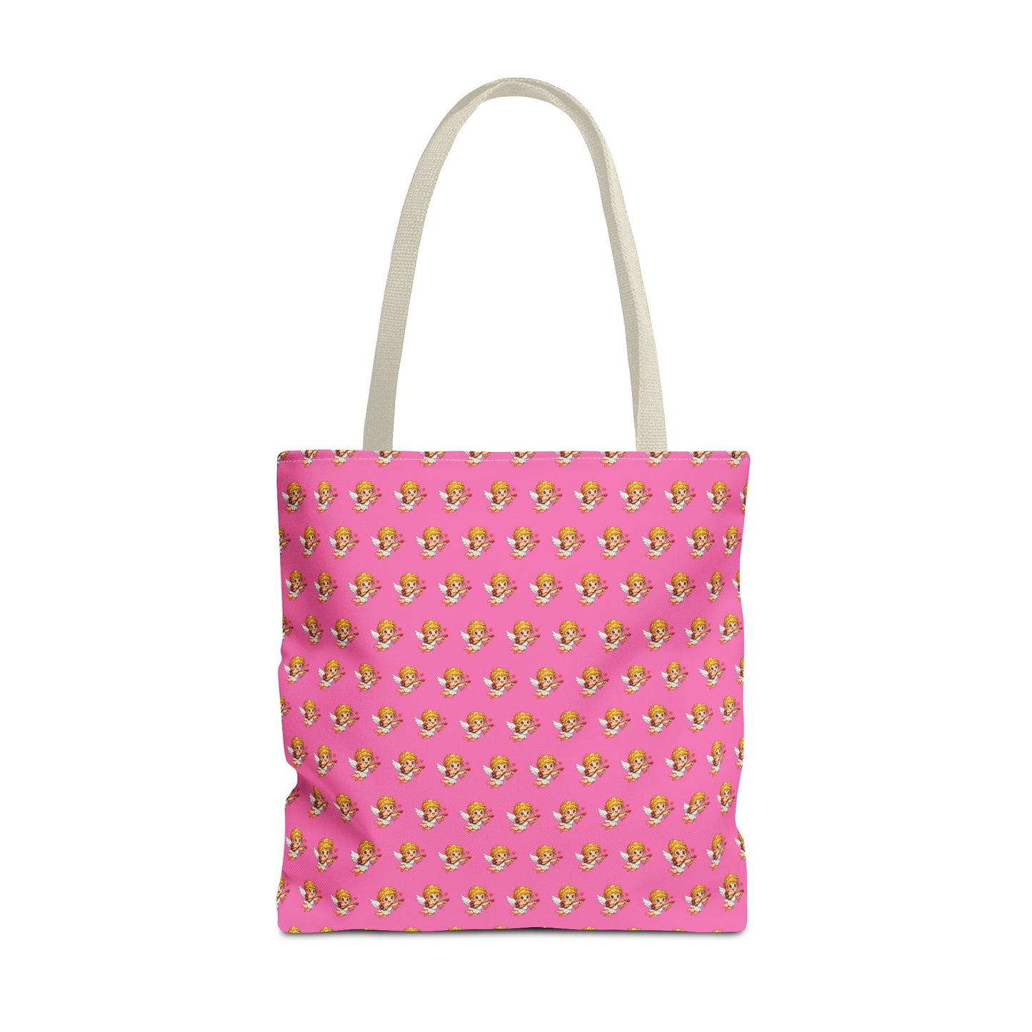 Cupid Tote Bag displayed in cream strap option with all over heart pattern