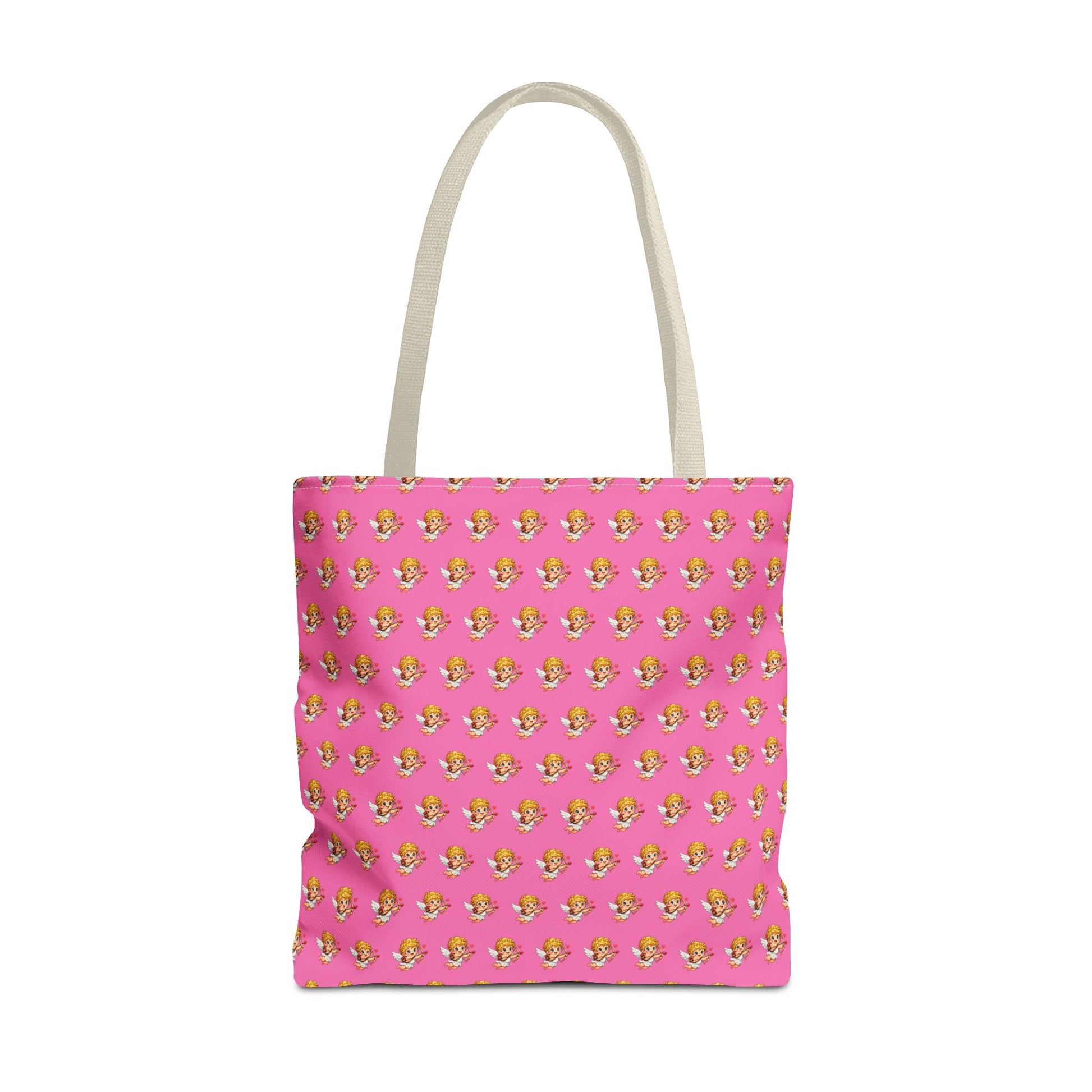 Cupid Tote Bag displayed in cream strap option with all over heart pattern