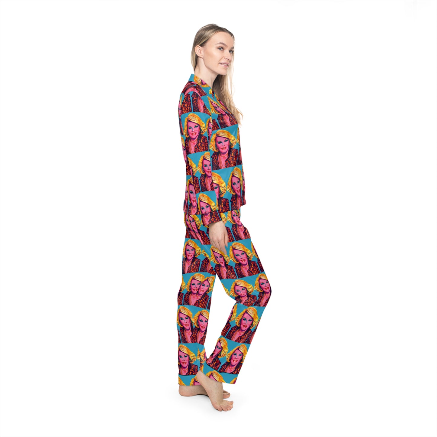 Side view of woman walking in Joan Fashion Police satin pajama set with relaxed fit pants and silky fabric.