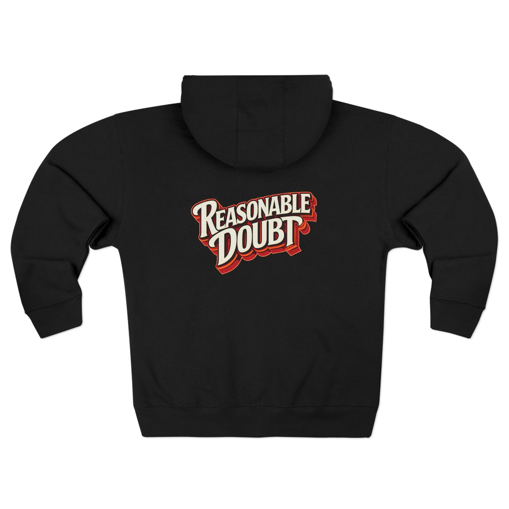 Back view of black Reasonable Doubt unisex zip hoodie highlighting retro script back print.