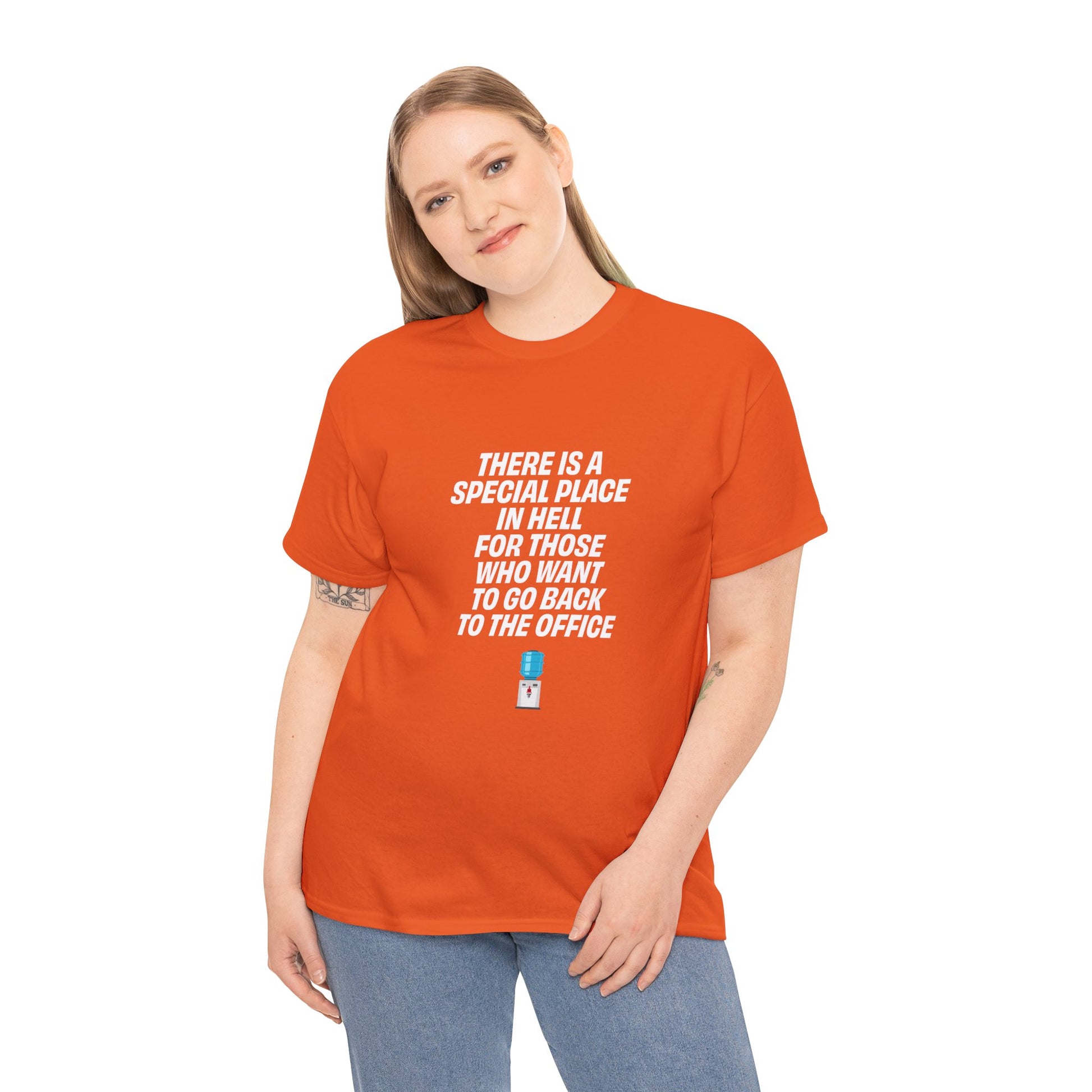 Person wearing an orange t-shirt with a humorous message on a white background