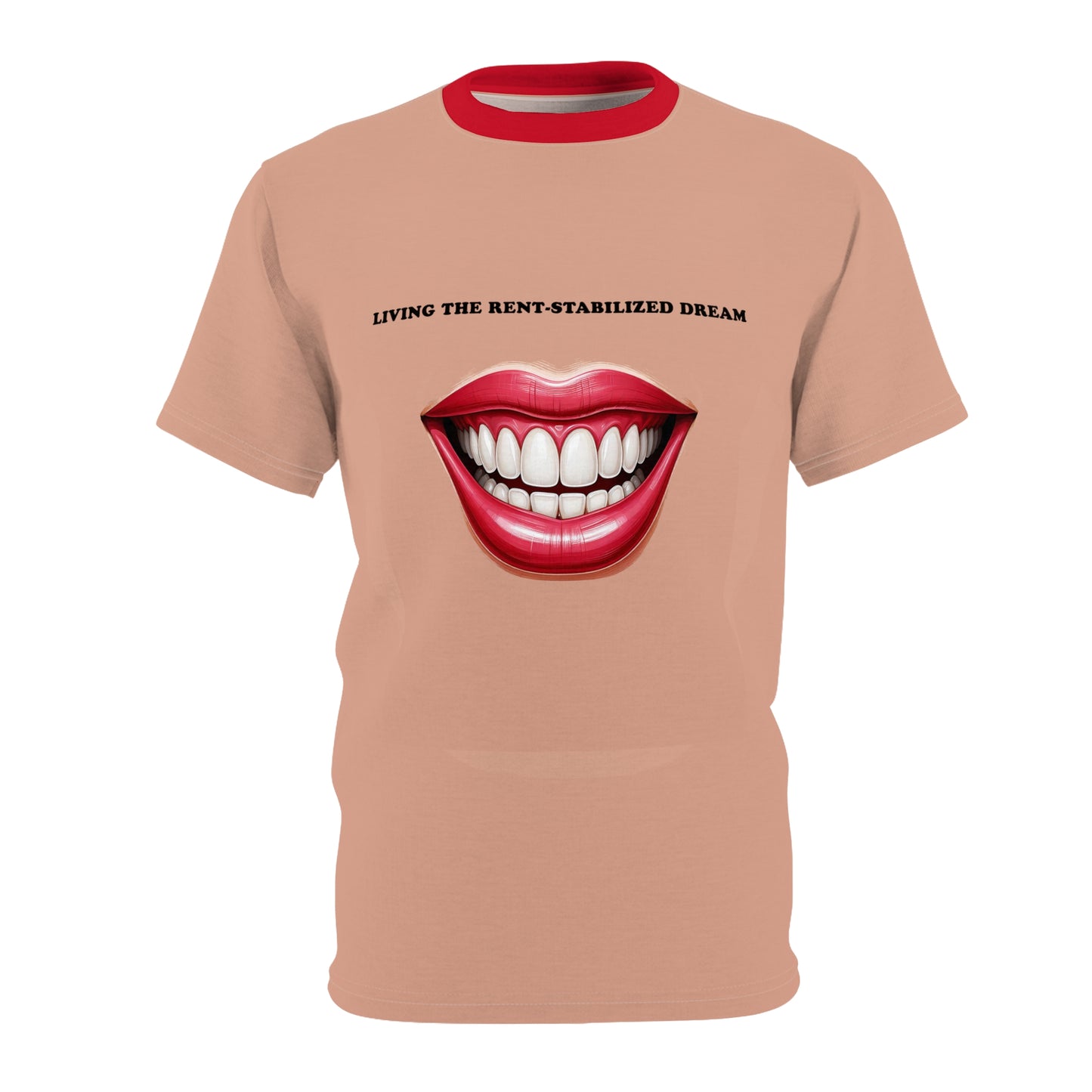 Front flat lay of Rent-Stabilized Dream graphic T-Shirt with red ribbed collar