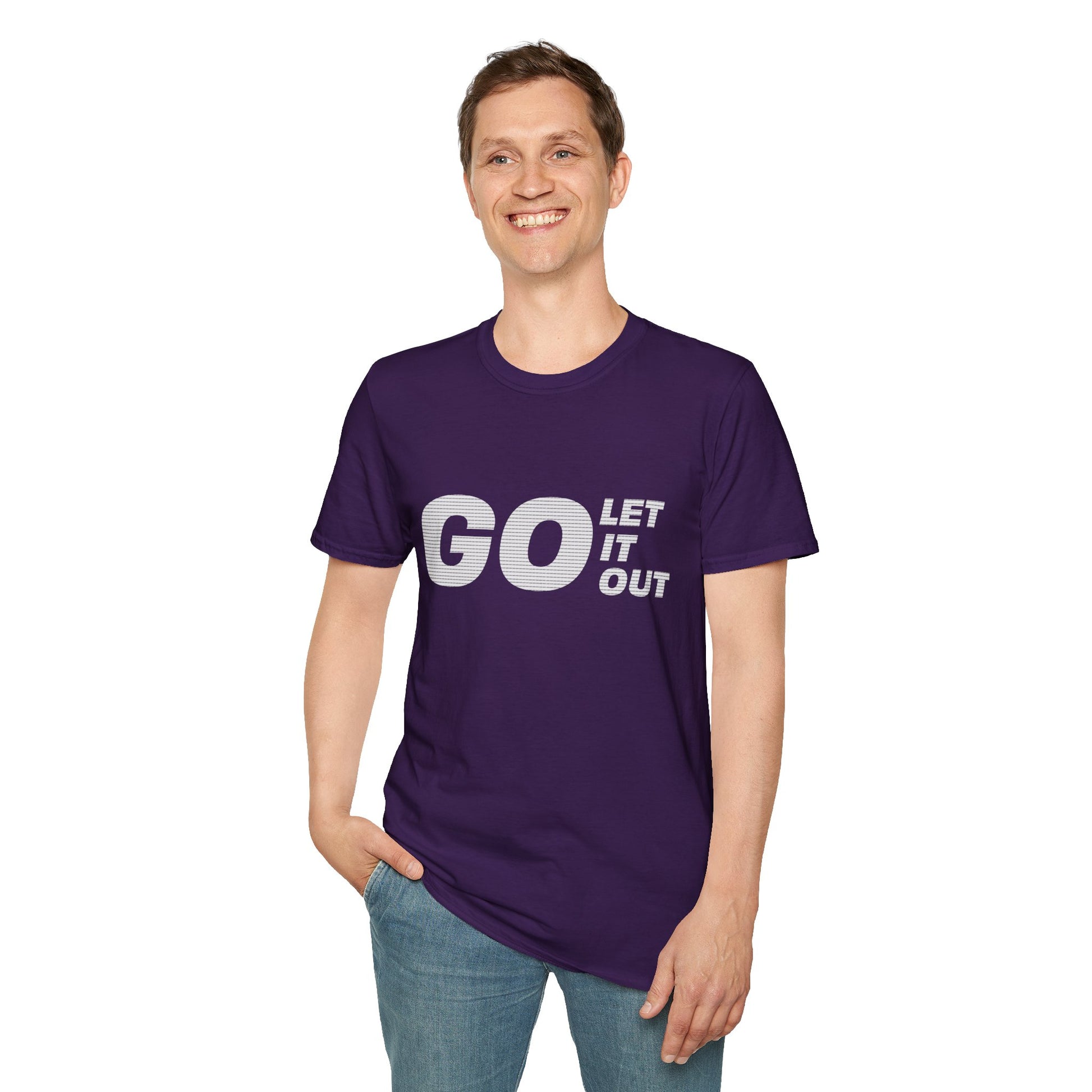 Man wearing a purple t-shirt with 'GO LET IT OUT' text on a white background