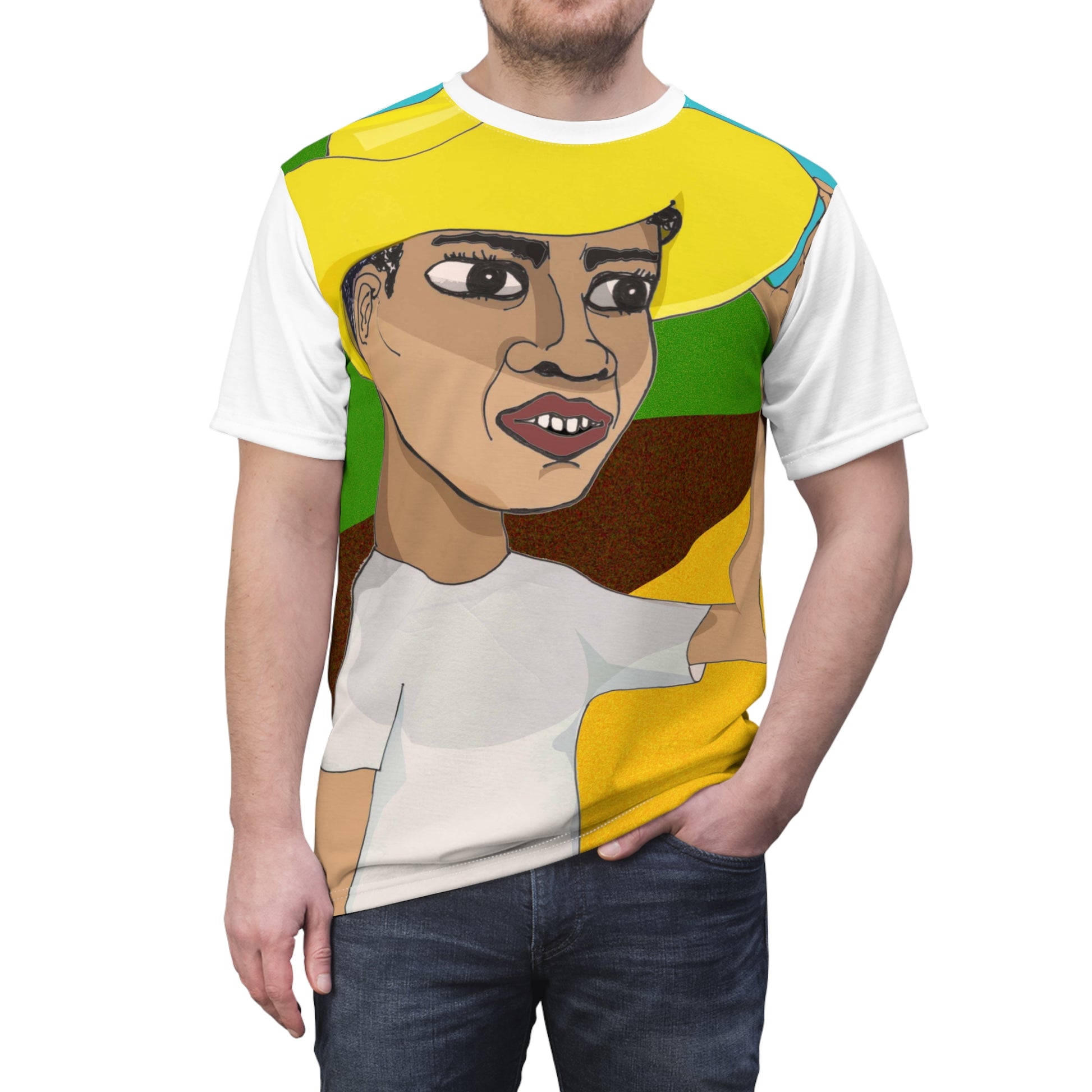 Hand-drawn Cafetero wearing a yellow hat on a bold colorful T-shirt honoring Colombian coffee culture.








