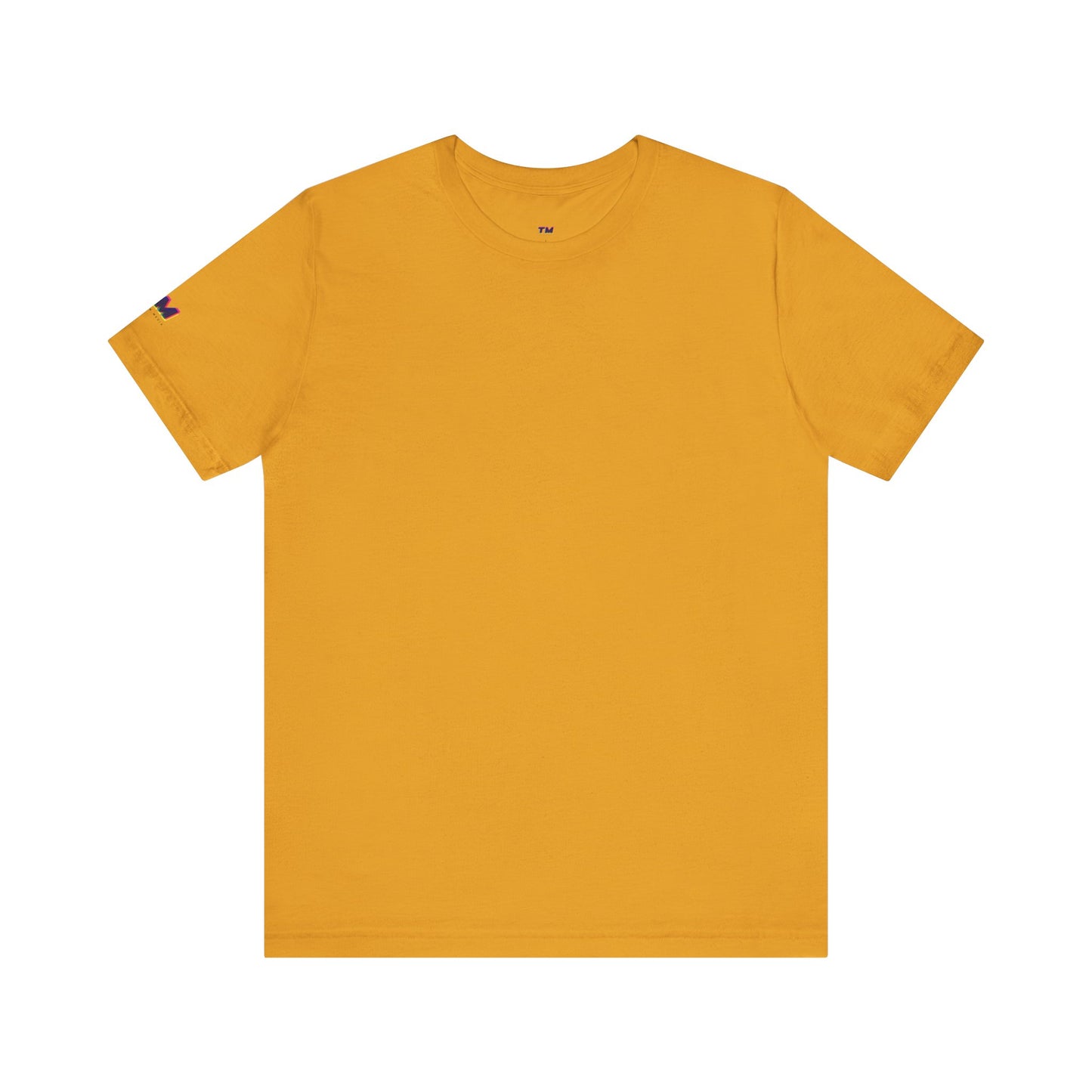 Yellow t-shirt with a small logo on the sleeve against a white background