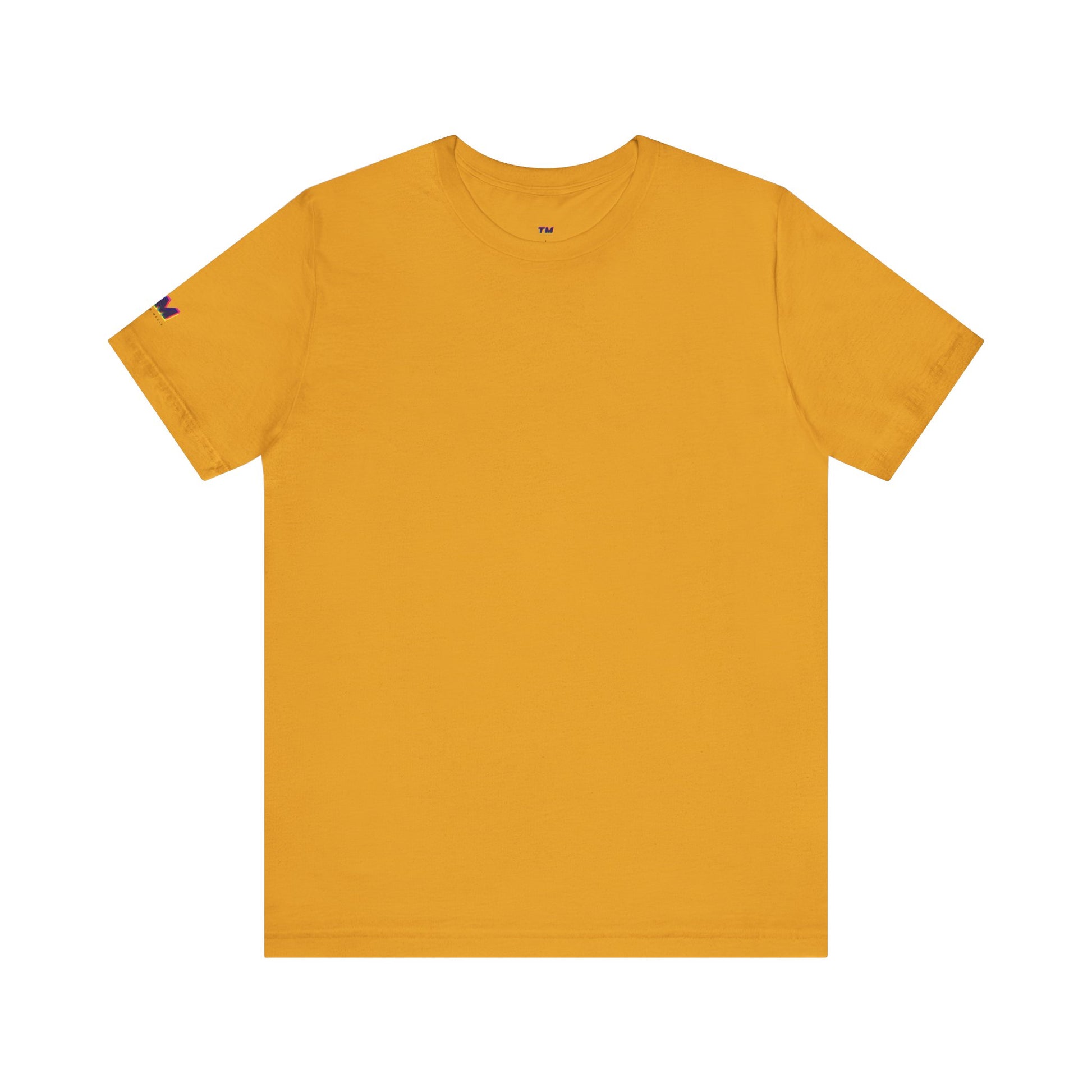 Yellow t-shirt with a small logo on the sleeve against a white background
