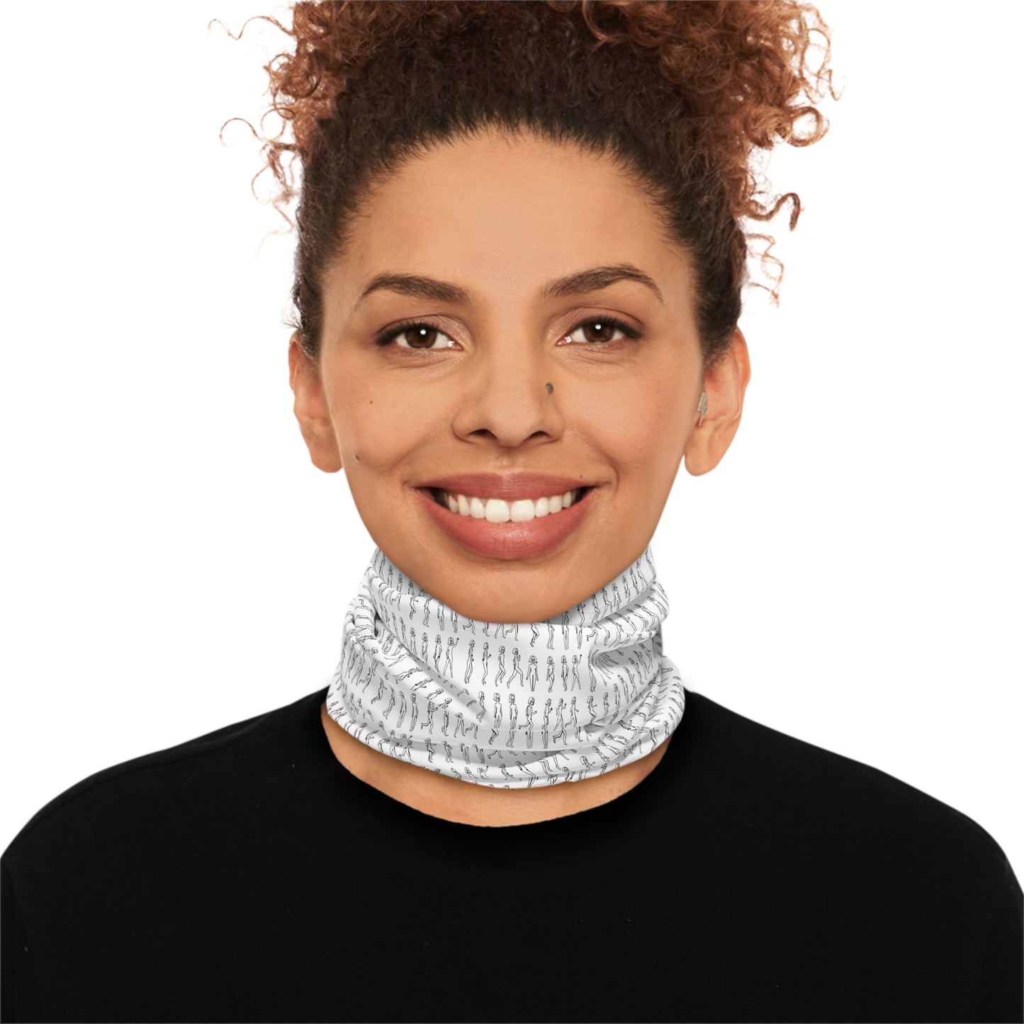 Woman wearing a silver neck gaiter on a white background