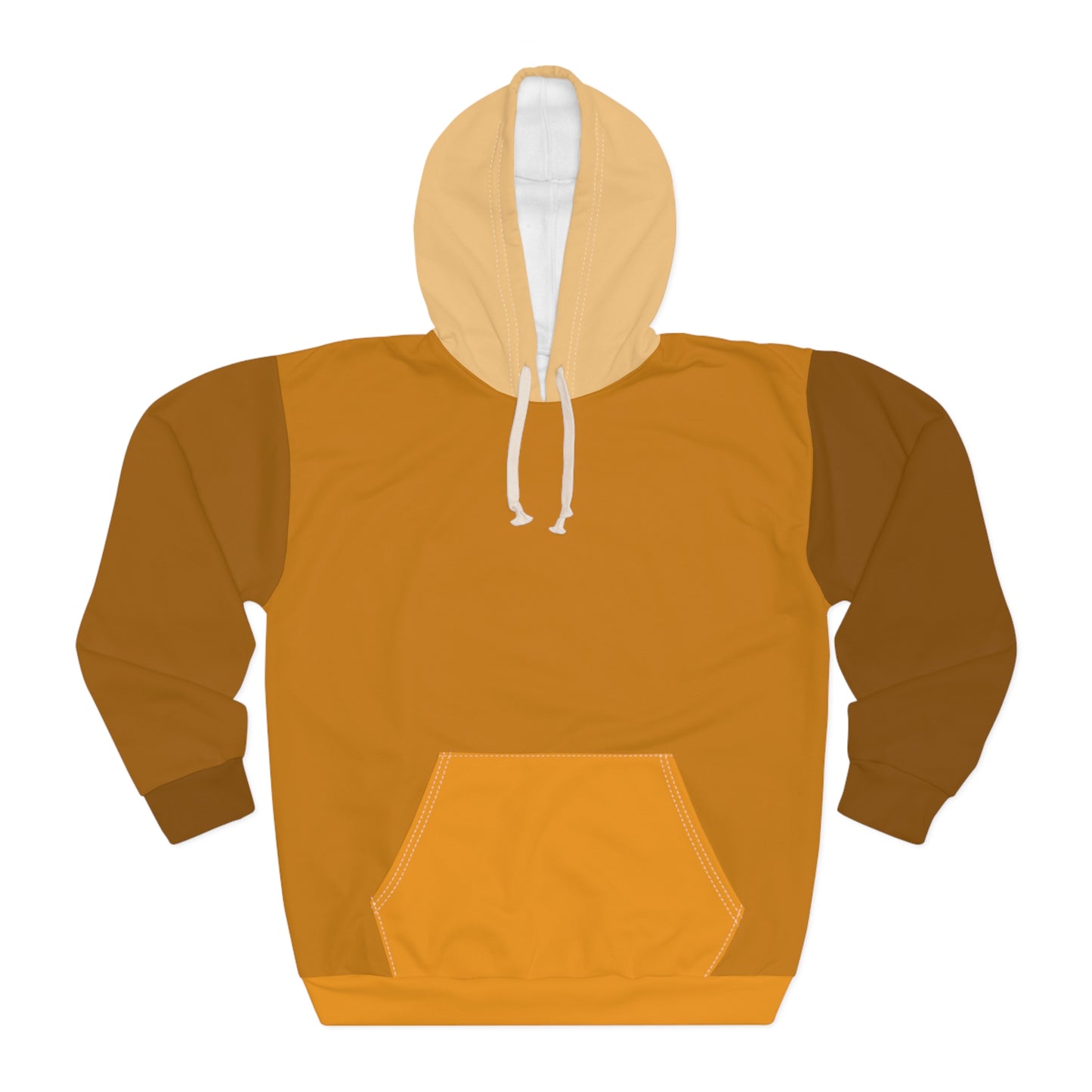 Cinnamon Unisex Hoodie front view showing warm brown and tan color block design with white drawstring hood and front kangaroo pocket