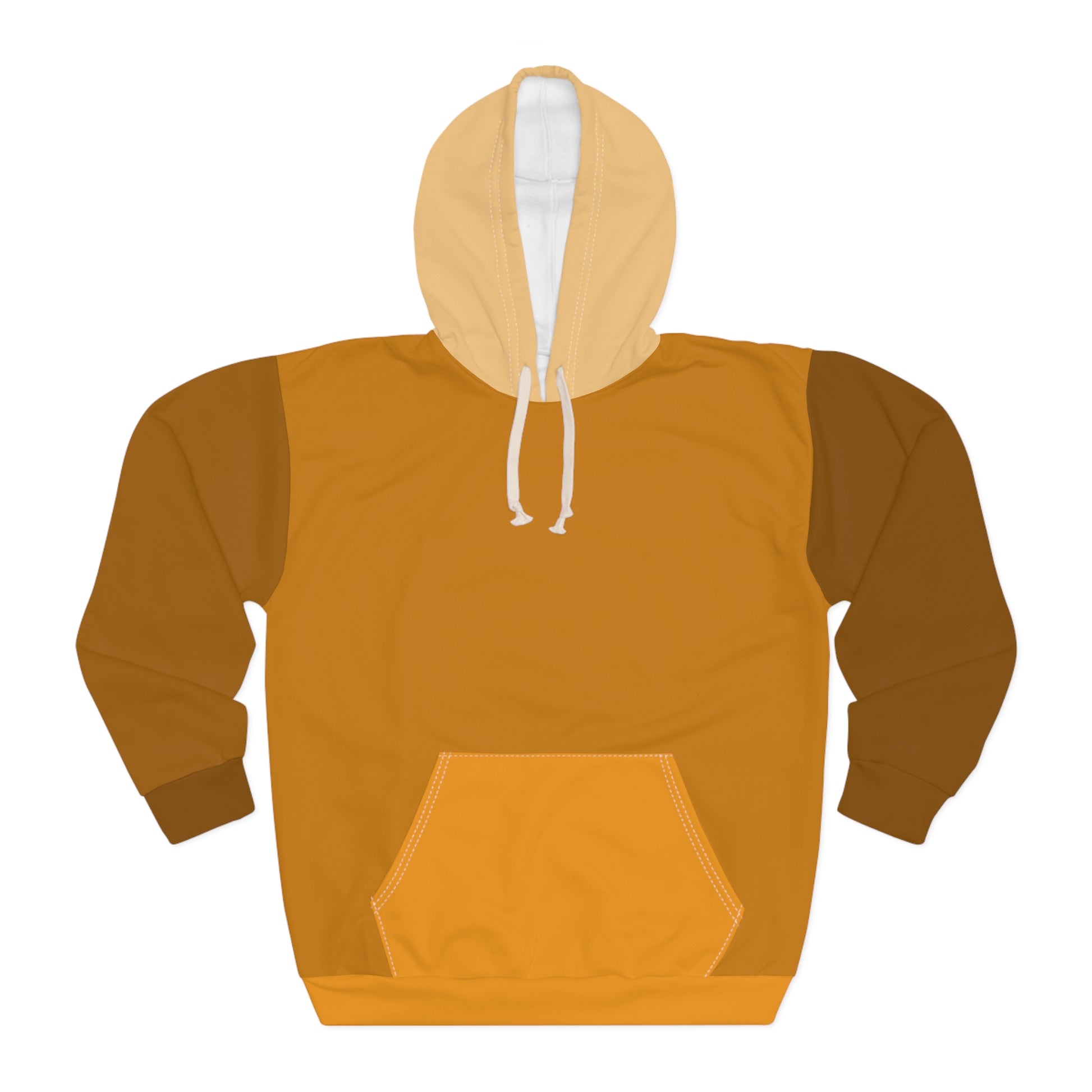 Cinnamon Unisex Hoodie front view showing warm brown and tan color block design with white drawstring hood and front kangaroo pocket