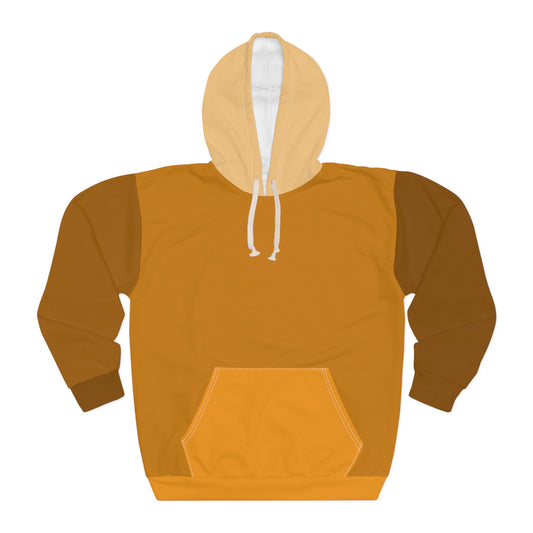 Cinnamon Unisex Hoodie front view showing warm brown and tan color block design with white drawstring hood and front kangaroo pocket