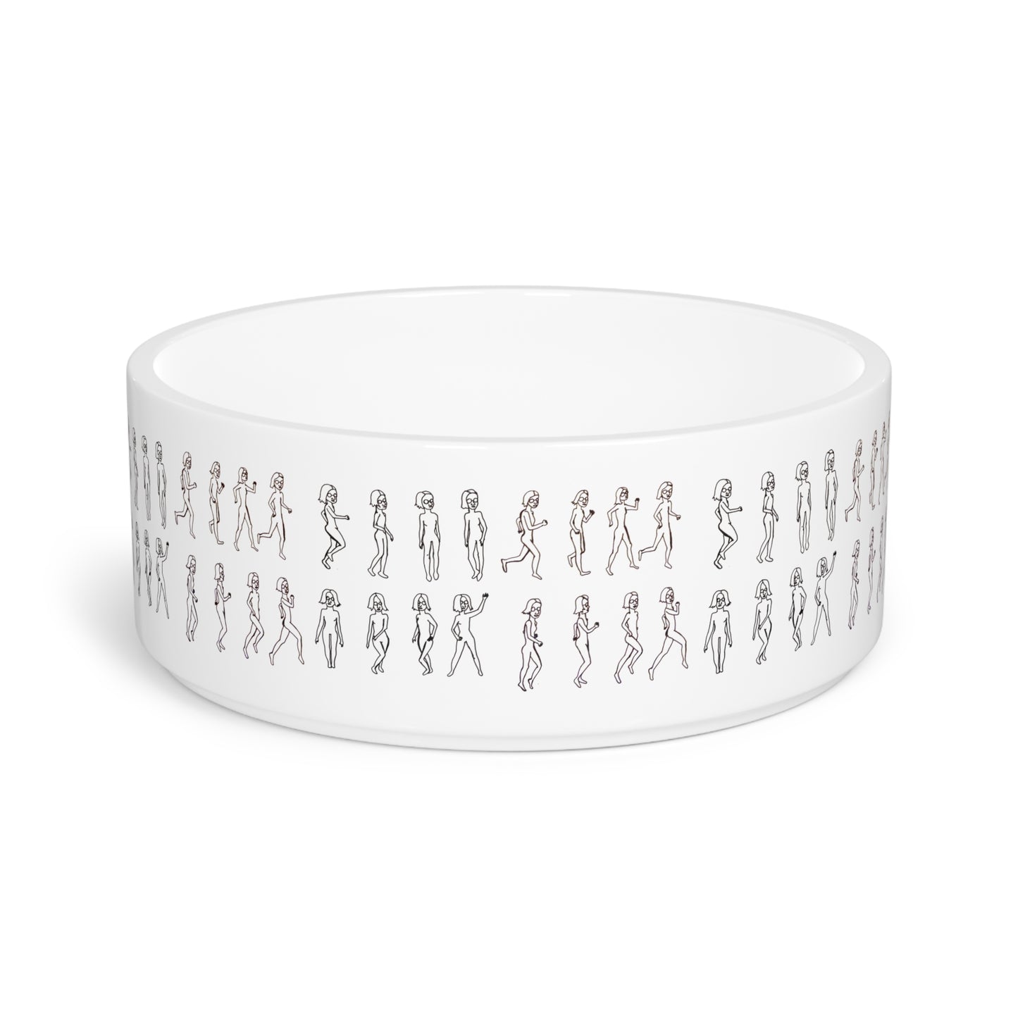 Empty white ceramic Running Out Pet Bowl showing the wraparound original artwork.