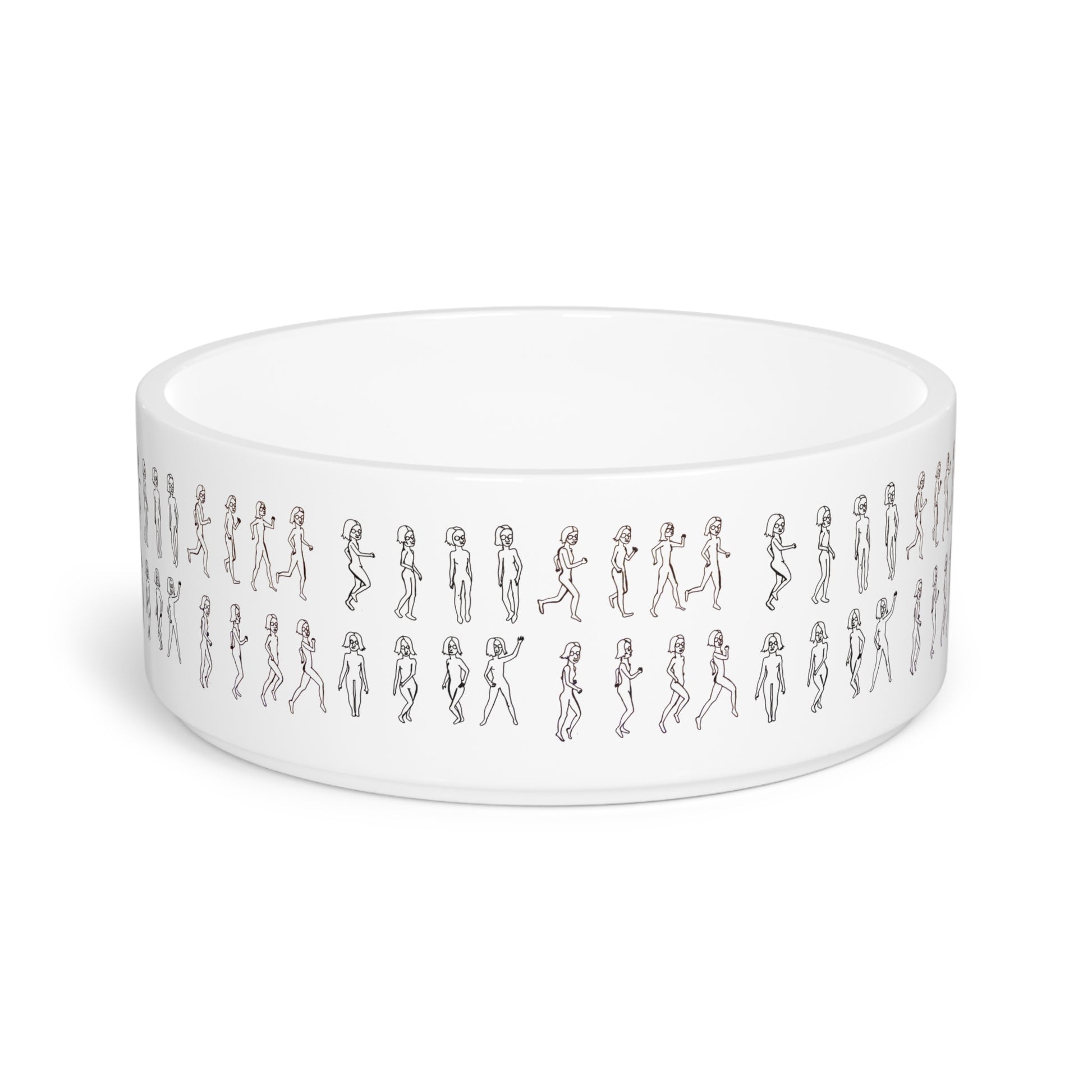 Empty white ceramic Running Out Pet Bowl showing the wraparound original artwork.